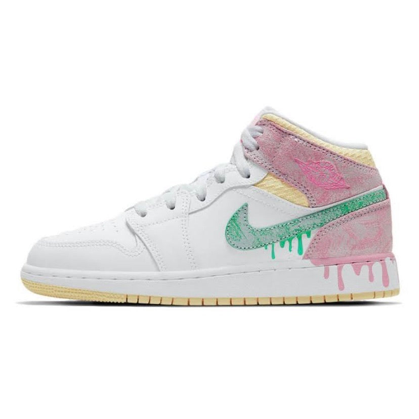 Air Jordan 1 Mid SE GS Sneakers - Ice Cream White, Green Glow & Arctic Pink Colorway | Basketball Shoes for Women & Girls | Perfect for Streetwear, Gym & Casual Outfits