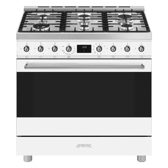 Smeg 90cm 6 Burner Classic Freestanding Dual Fuel Range Cooker in White - Premium Kitchen Appliance for Home Chefs & Entertaining