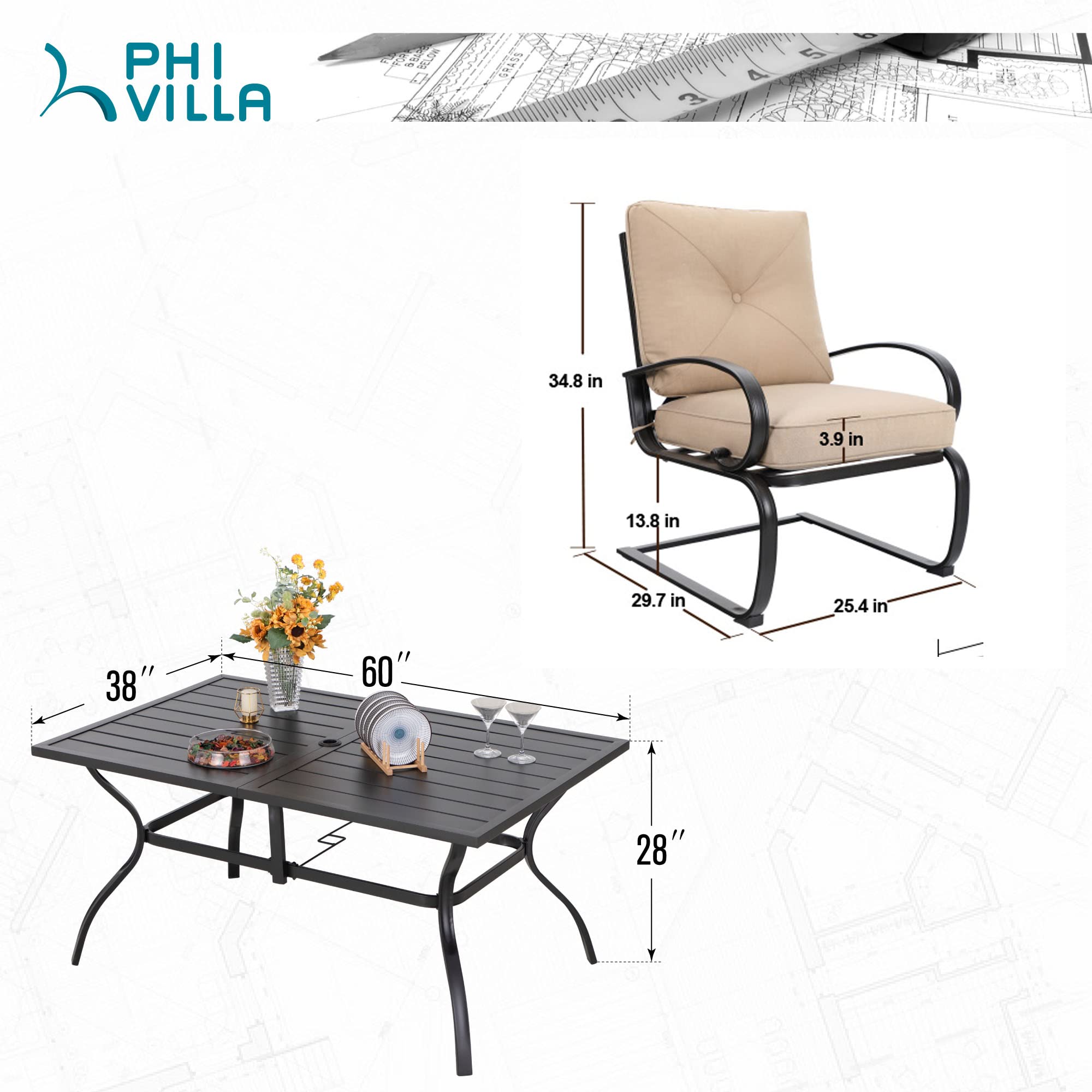 PHI VILLA 7-Piece Outdoor Patio Dining Set with 60