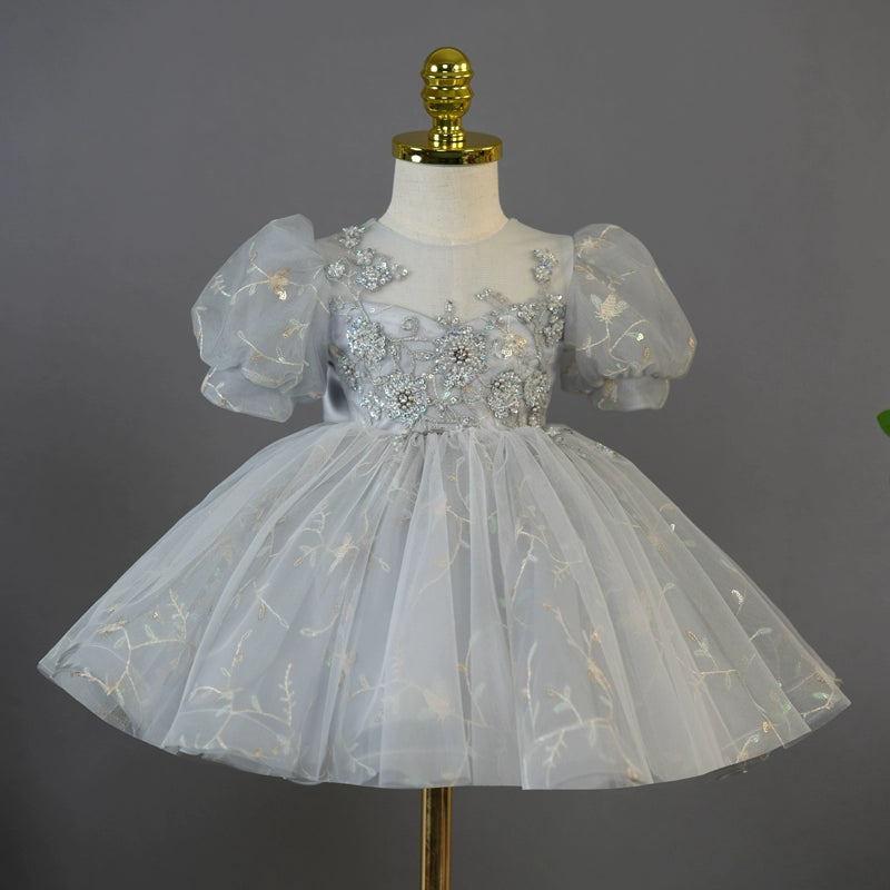 Grey Princess Round Tea Length Tulle Flower Girl Dress for Weddings & Special Occasions