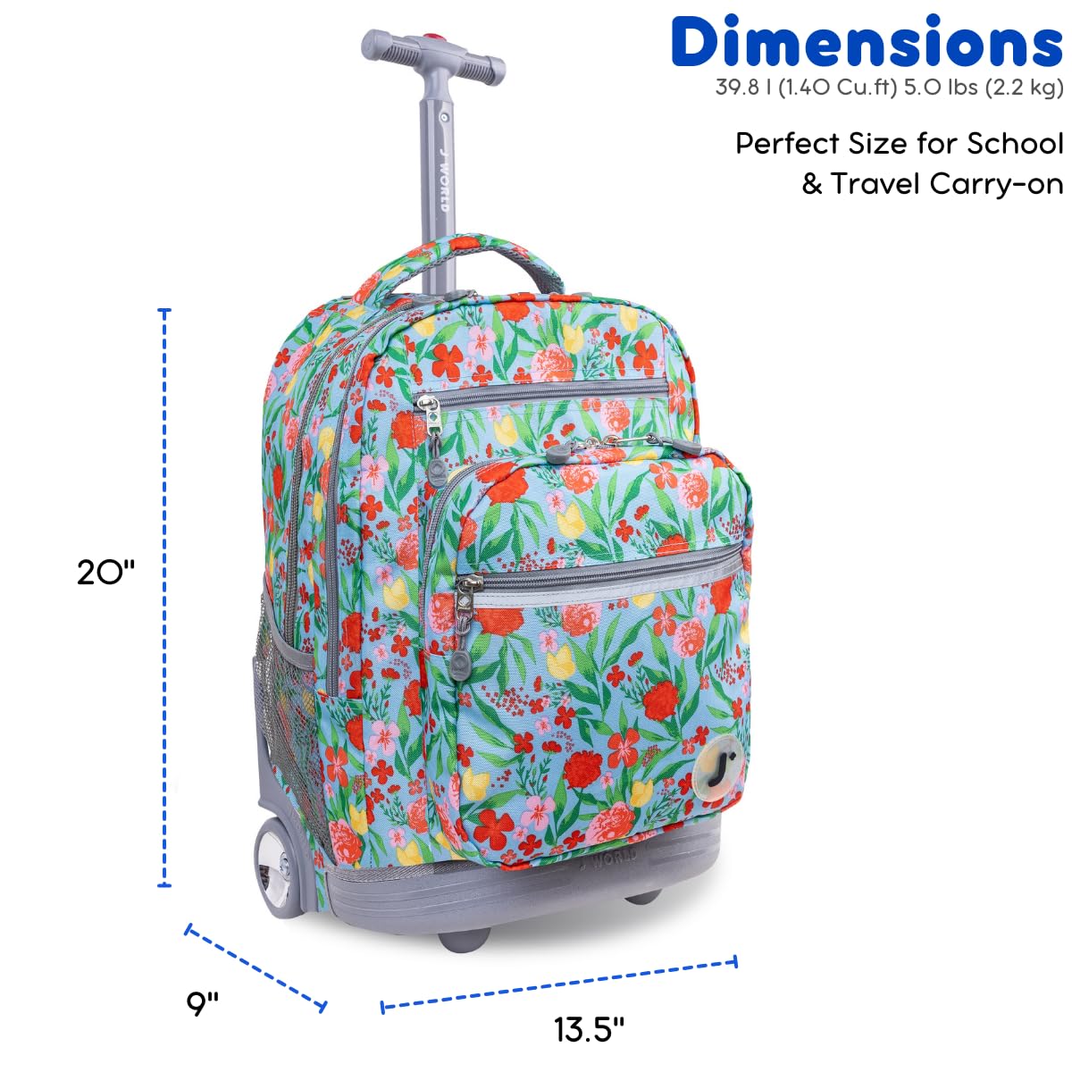J World New York Sundance Rolling Backpack for School - 20 Inch Wheeled Bookbag with Durable Wheels & Adjustable Handle, Perfect for Kids & Teens (Flora Print) - Ideal for Travel, Commuting & Daily School Use