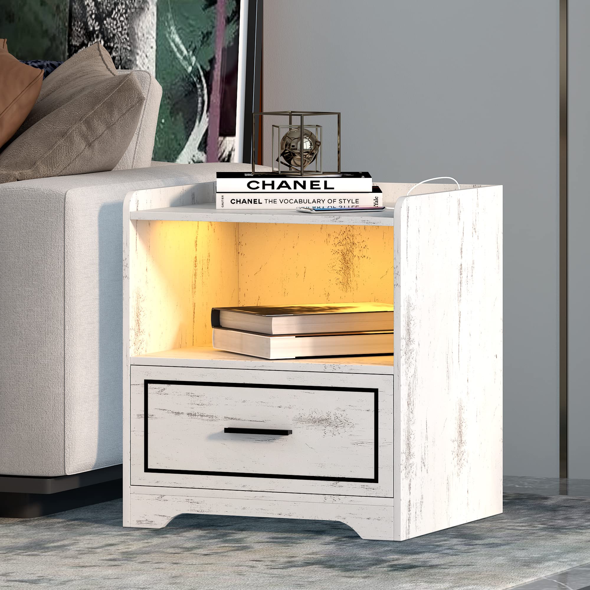 White Wooden Nightstand with Drawer & USB Charging Station - Modern Bedside Table for Bedroom, Living Room, Home Office - Perfect for Phone Charging, Reading Lamps & Bedroom Storage