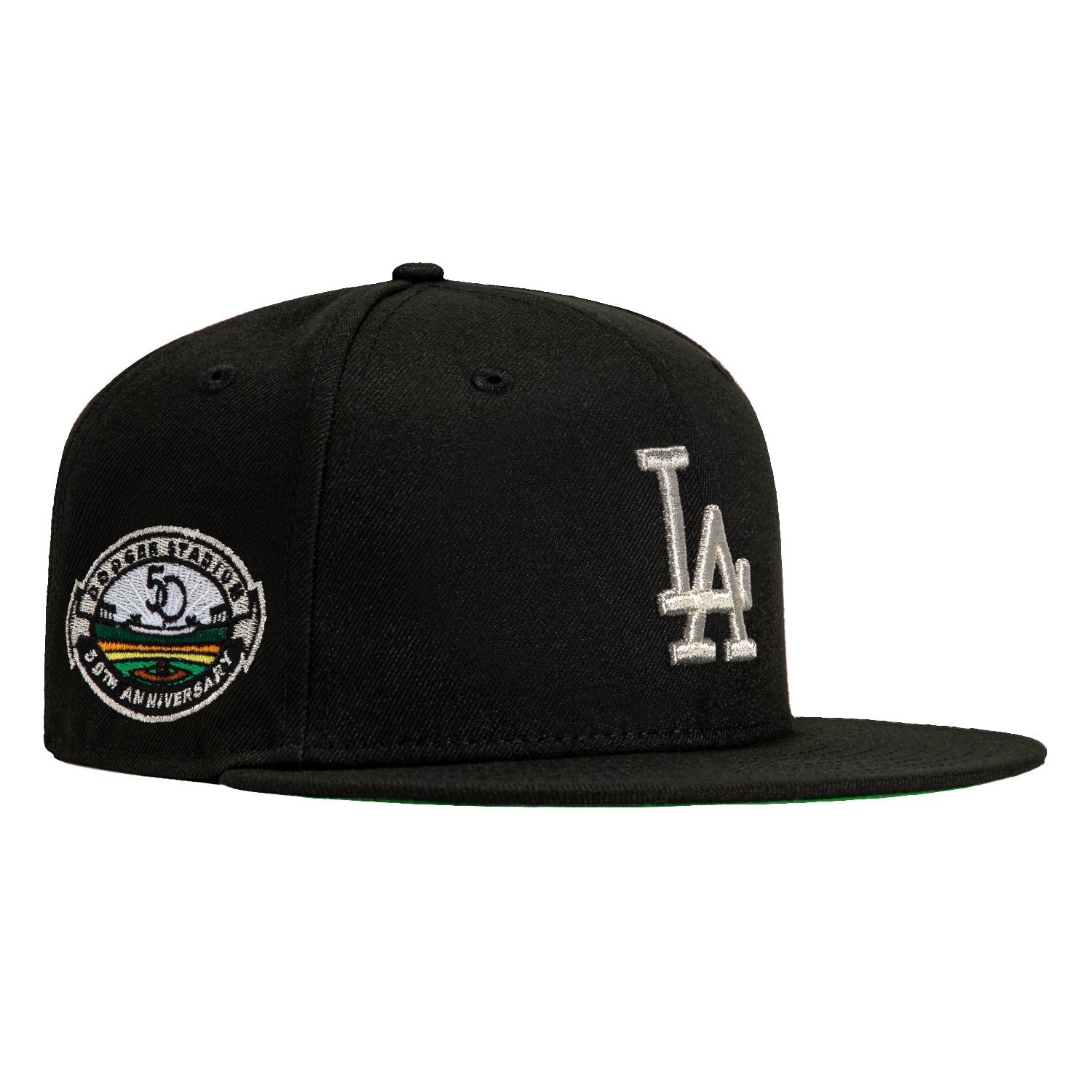 New Era 59Fifty Los Angeles Dodgers 50th Anniversary Snapback Hat with Stadium Patch - Black & Metallic Silver - Official MLB Baseball Cap for Men & Women - Perfect for Games, Collecting & Streetwear Fashion