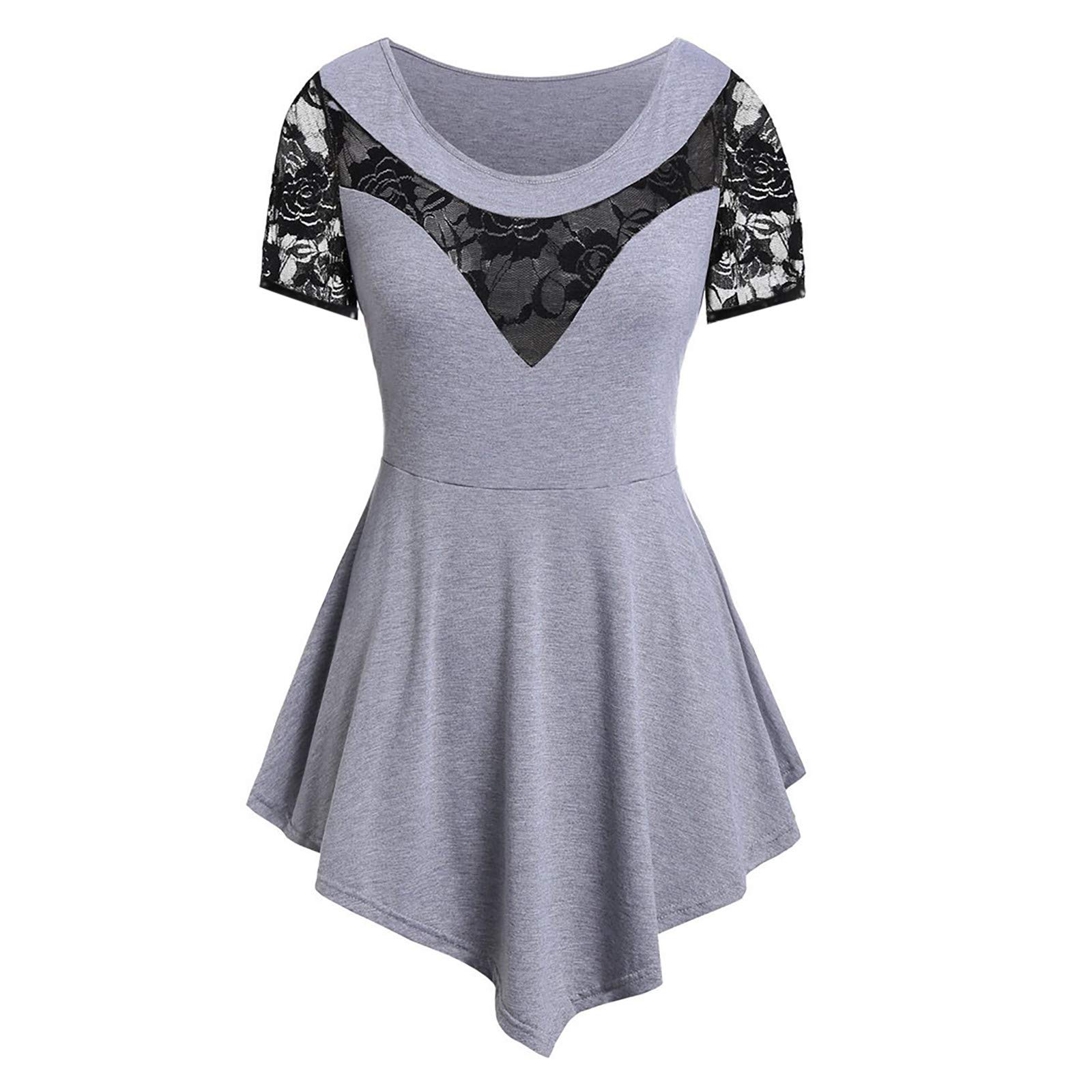 MPWEGNP Quarter Solid Tops Lace Plus Blouse O-Neck Asymmetric Floral Plus Size Women's Tops (Grey, L) - Perfect for Casual Wear, Office Outfits & Special Occasions