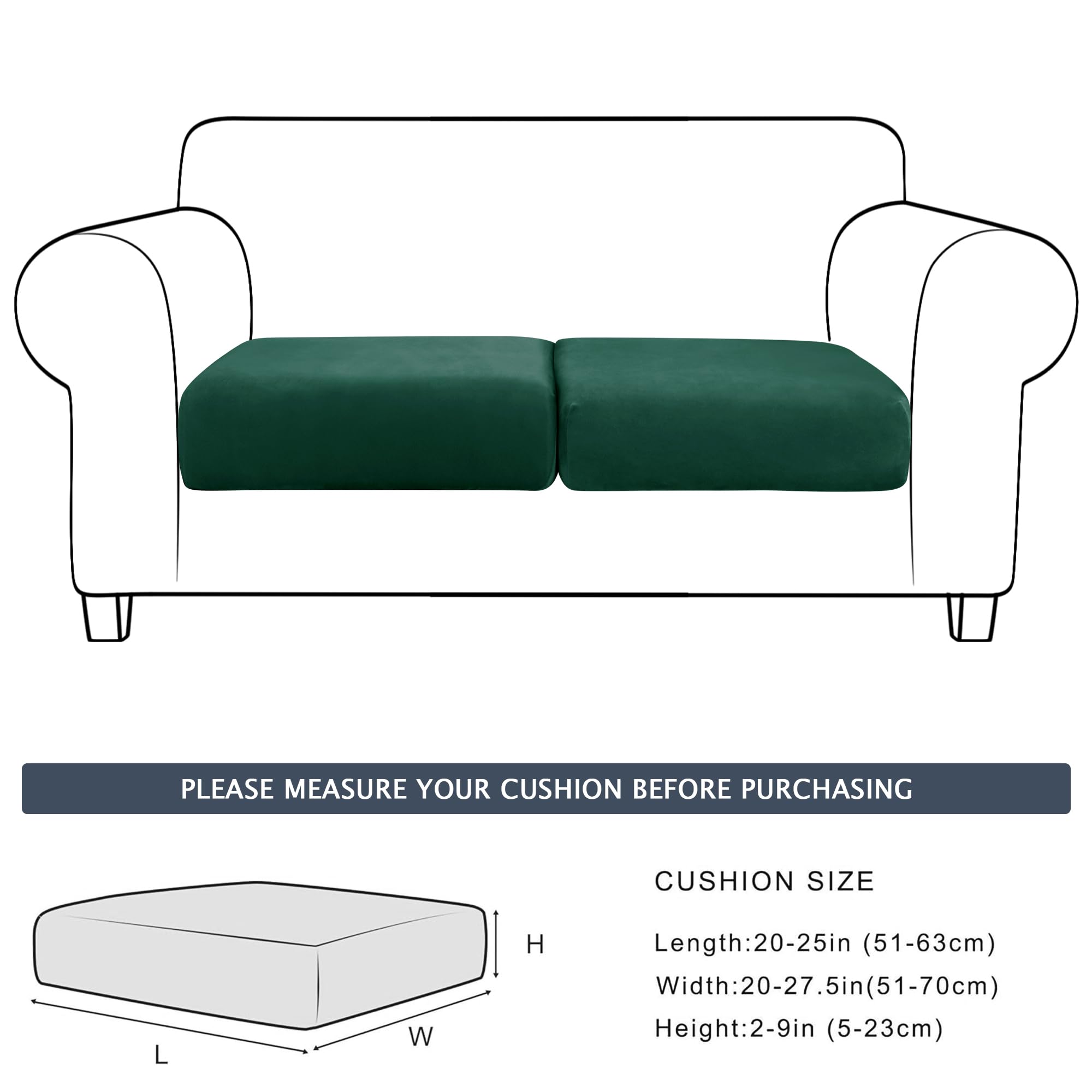 Soft Velvet Plush Stretch Cushion Cover with Elastic Bottom - Green Sofa Slipcover (Set of 2) | Furniture Protector for Living Room, Bedroom & Office