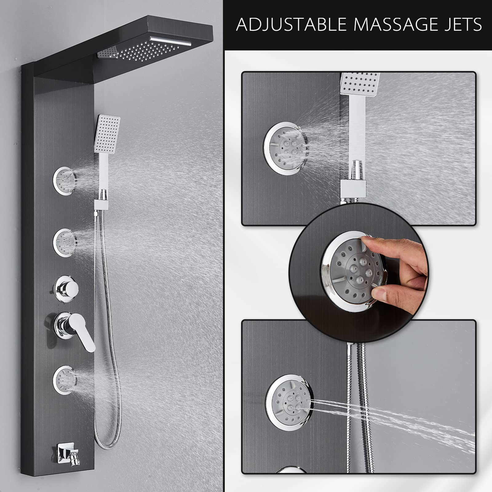 AlenArt Stainless Steel Shower Panel Tower System - Multi-Function Shower with Body Jets, Handheld Sprayer, Rainfall Shower Head & Tub Spout - Wall Mounted Black Shower Panel for Luxury Bathroom Upgrade