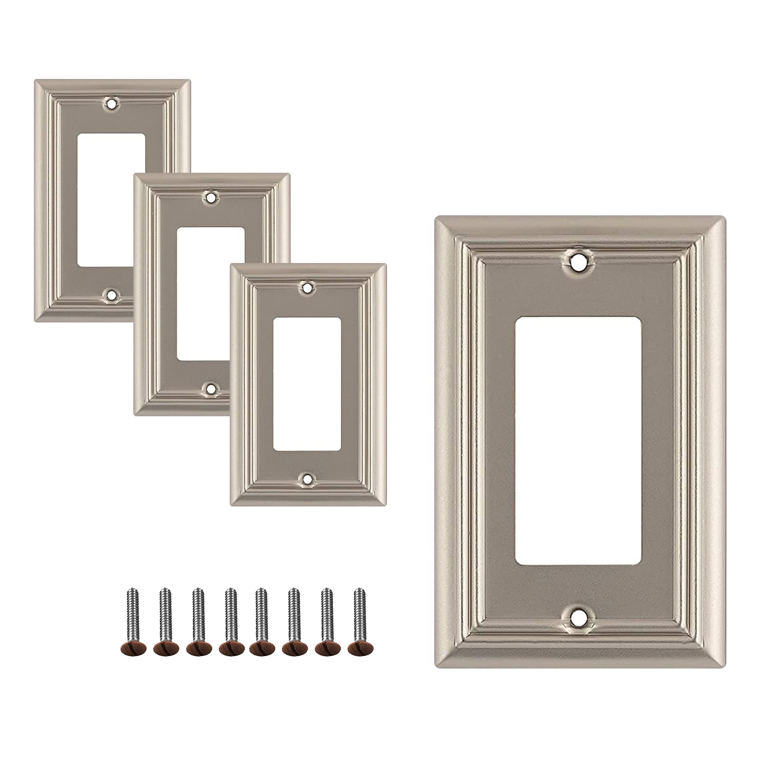 SLEEKLIGHTING Brushed Nickel Outlet Covers & Switch Plates - Decorative Wall Plate Light Switch Cover Beveled Edge - 1 Gang Decorator Size (4 Pack) for Living Room, Bedroom, Office - Variety Styles: Decorator/Duplex/Toggle/Combo