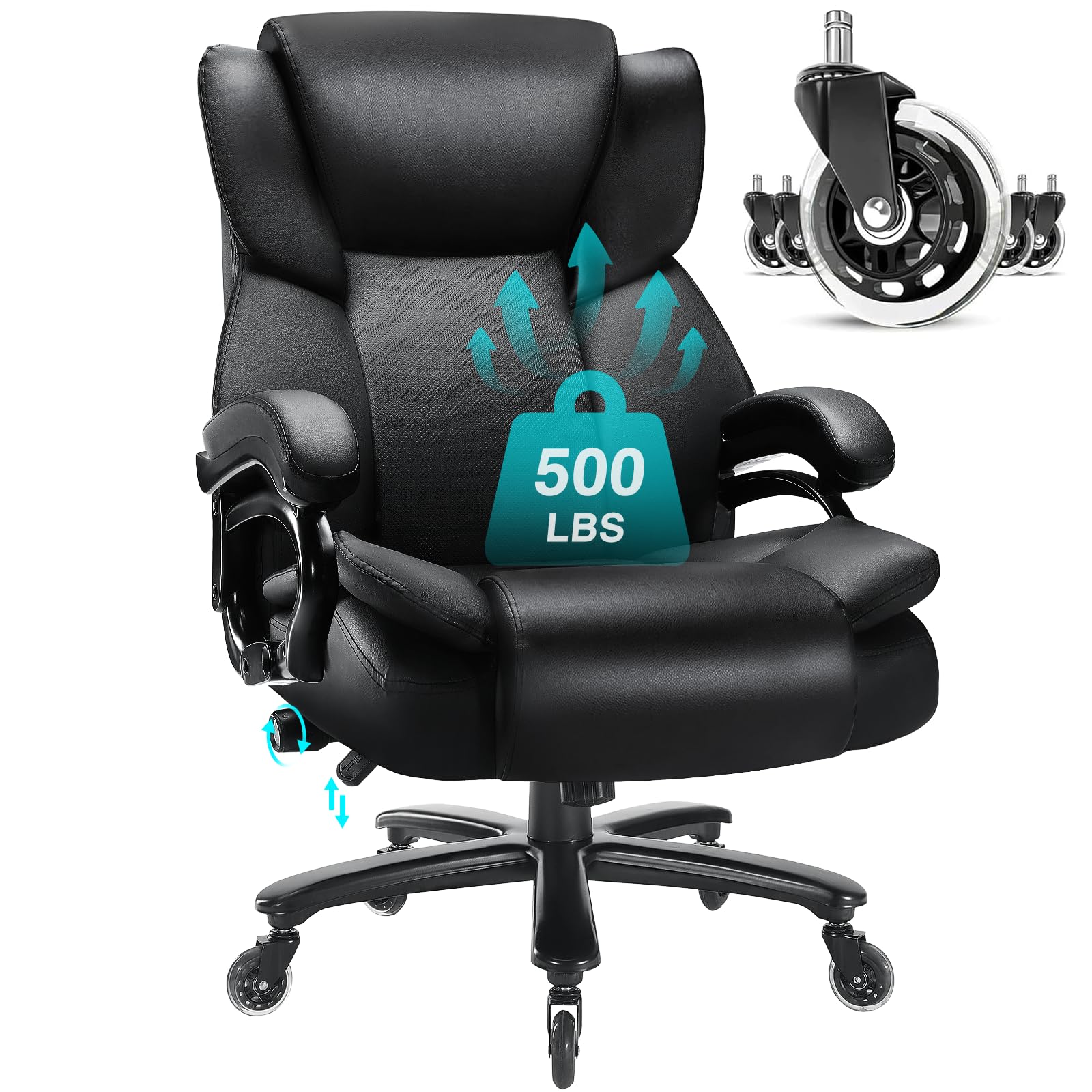 500lbs Heavy Duty Big and Tall Office Chair - High Back Executive Desk Chair with Adjustable Lumbar Support & Quiet Rubber Wheels - Perfect for Large Individuals, Home Office & Commercial Use