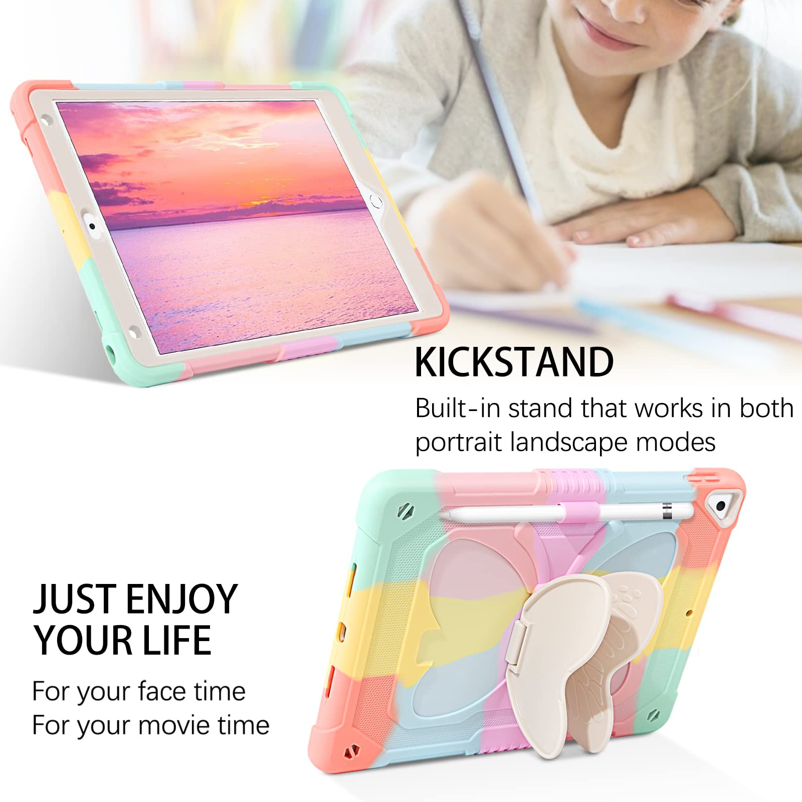 DUEDUE Shockproof Kids iPad Case for iPad Air 2/5th/6th Gen (2017/2018) & iPad Pro 9.7 - Butterfly Wings Design with Kickstand & Pencil Holder | Heavy Duty Protective Cover for School, Travel & Home Use | Rainbow Color