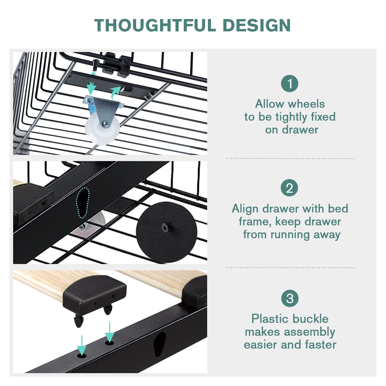 IMUsee Queen Bed Frame with Storage Drawers - Upholstered Platform Bed with Adjustable Diamond Tufted Headboard, Wood Slat Support, No Box Spring Needed, Dark Grey - Perfect for Small Bedrooms, Guest Rooms & Modern Apartments