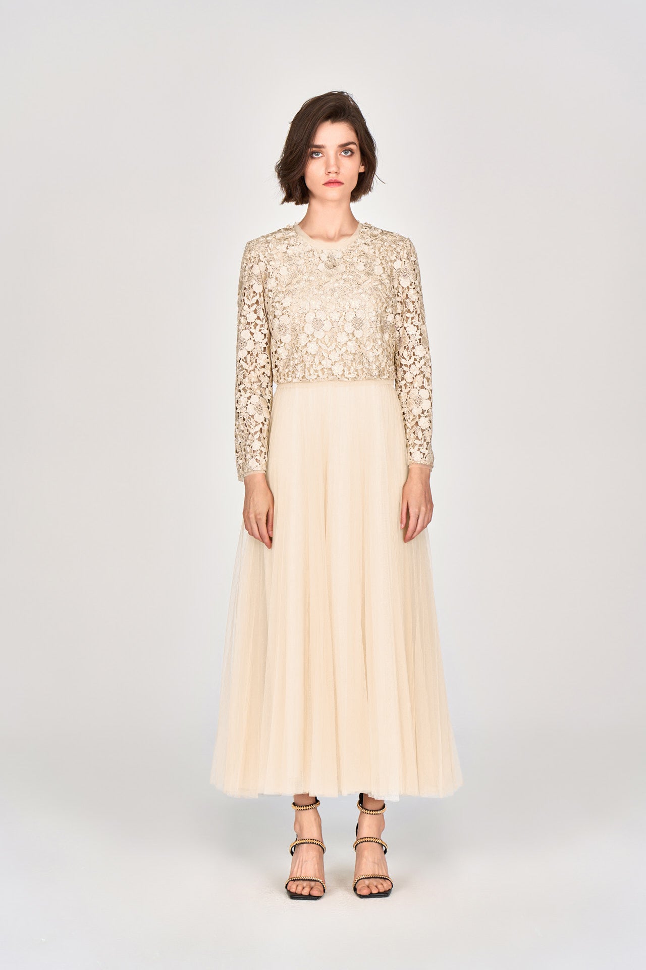 Elegant Beige Lace & Mesh Two-Piece Gown for Women - Perfect for Prom, Evening Parties & Special Occasions