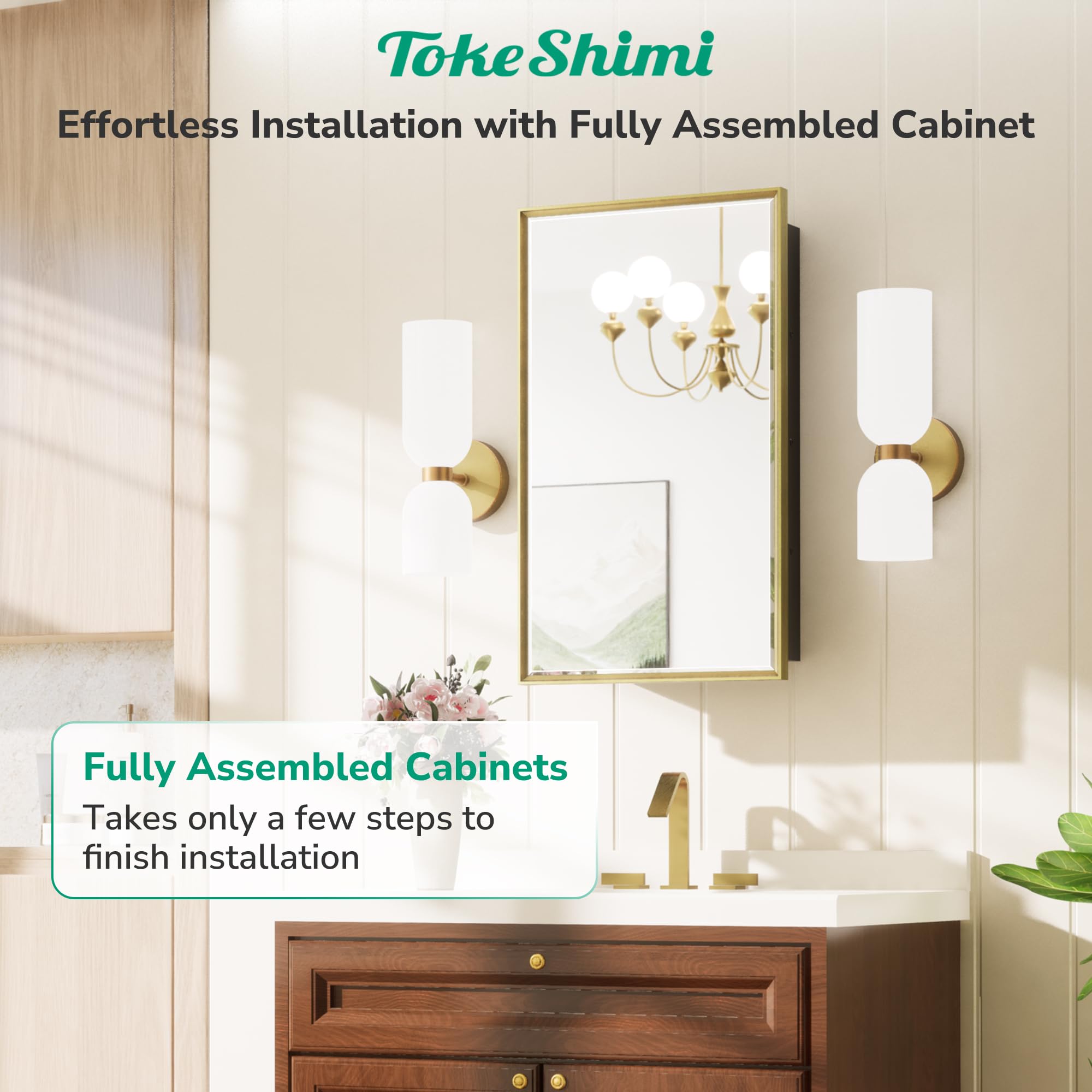TokeShimi 20x26 Inch Recessed Medicine Cabinet with Mirror - Wall Mounted Bathroom Storage, Aluminum Gold Framed Vanity Cabinet with Beveled Edge Mirror for Bathroom, Bedroom, or Powder Room Organization