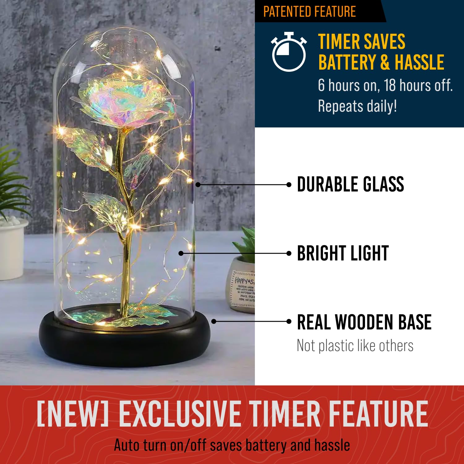 Norcalway Preserved Roses in Glass Dome with LED Lights & Timer - Eternal Rose Gift for Women, Girlfriend, Wife, Mom, Daughter - Perfect for Christmas, Wedding, Anniversary, Birthday - Beauty and The Beast Inspired Rose for Home Decor & Romantic Surprises