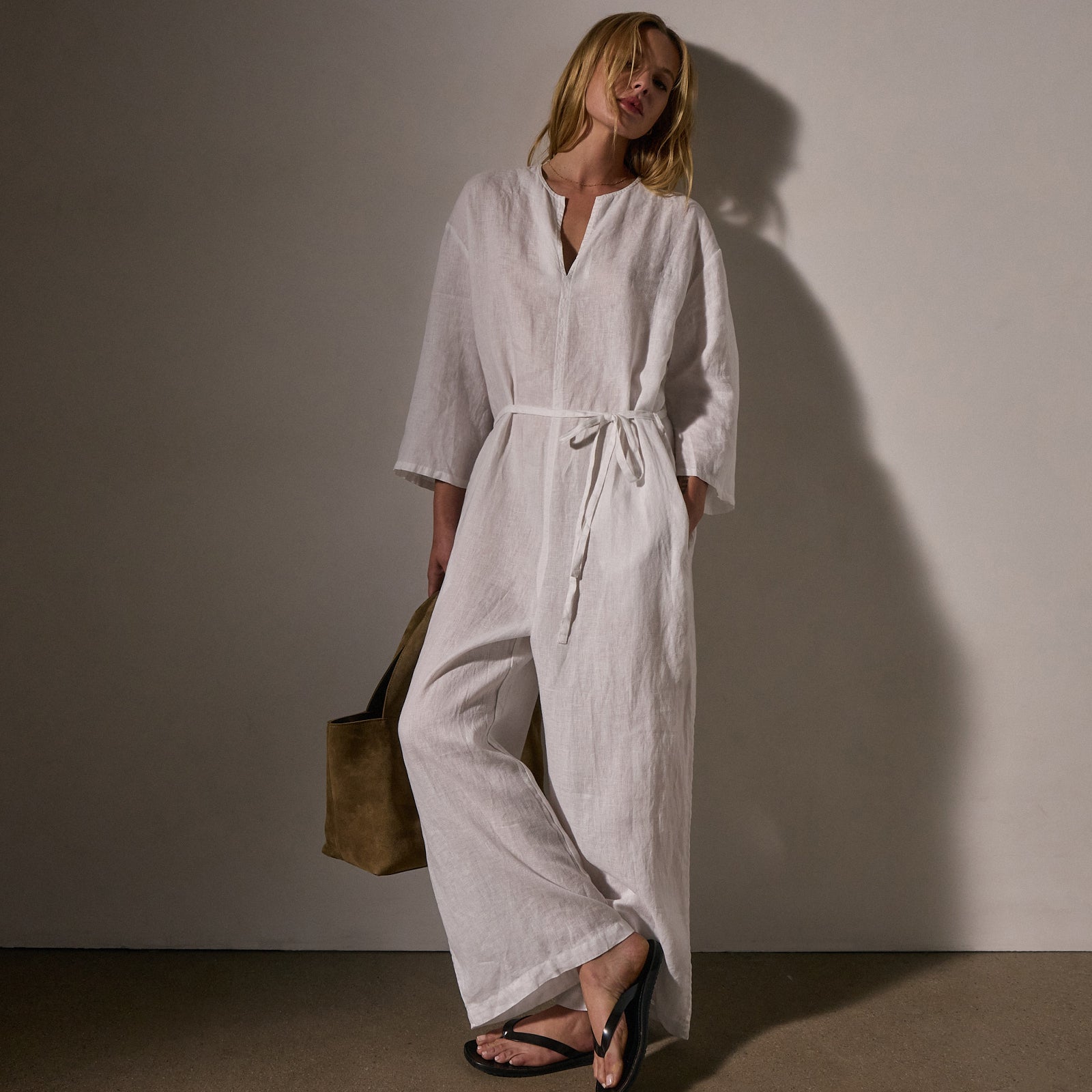 Women's White Belted Linen Jumpsuit - Casual Summer Romper with Adjustable Waist for Beach, Vacation & Everyday Wear