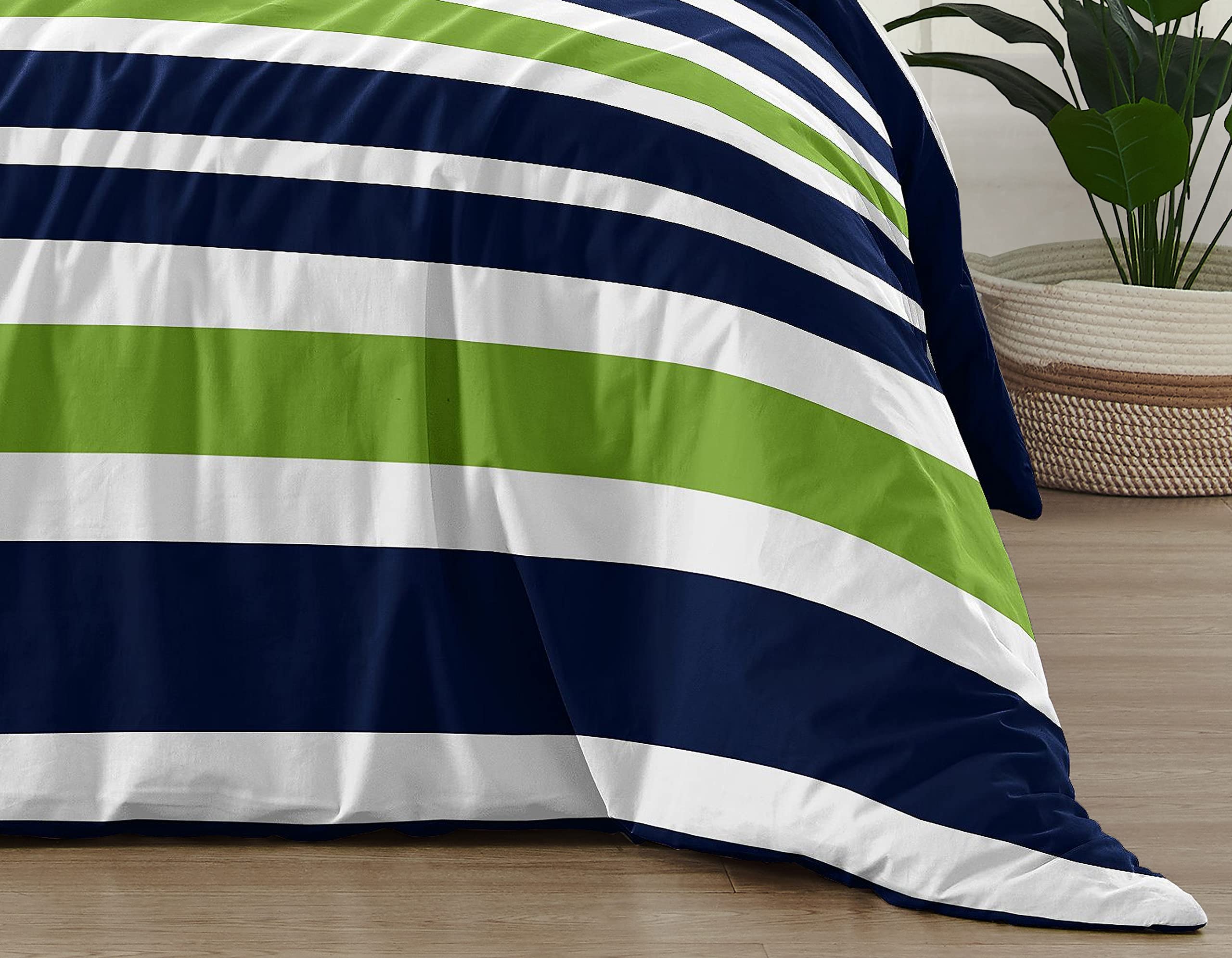Navy Blue Lime Green and White Stripe 4-Piece Teen Boys Twin Bedding Set - Soft & Durable Comforter, Sheet, Pillowcase Collection for Kids' Bedroom Decor & Cozy Sleep