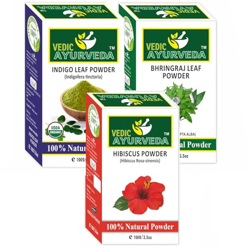 VEDICAYURVEDA Organic Indigo Powder, Bhringraj Powder & Hibiscus Powder Combo for Hair Growth | Prevents Hair Loss | 100% Natural & Bio-Organic | DIY Hair Care & Herbal Treatment