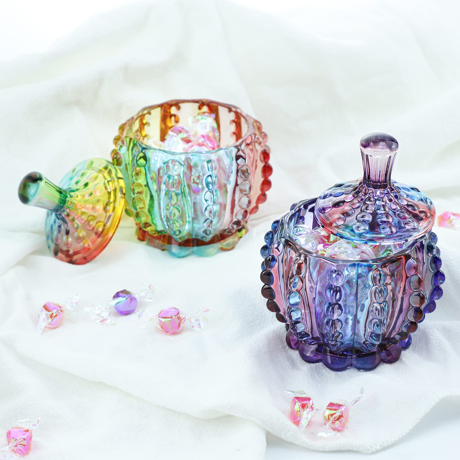 Royal Embossed Clear Glass Apothecary Jar with Lid - 7oz Candy Storage Container, Wedding Buffet Display, Jewelry Organizer & Food Jar - Elegant Purple Chain Design | Perfect for Home Decor, Party Favors & Gift Packaging