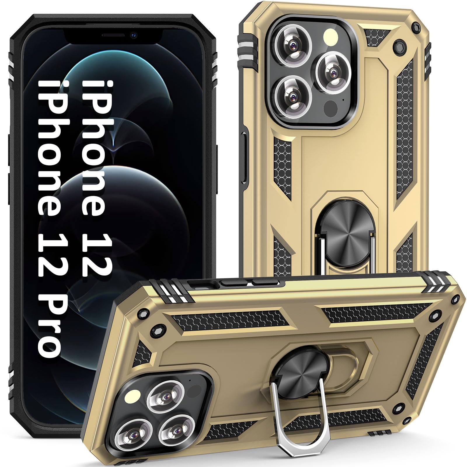 Military Grade Shockproof iPhone 12/12 Pro Case with Ring Stand & Kickstand - 6.1 Inch Protective Cover, Anti-Scratch Bumper for iPhone 12 & 12 Pro (Gold) | Perfect for Car Mounting, Hands-Free Viewing & Outdoor Activities