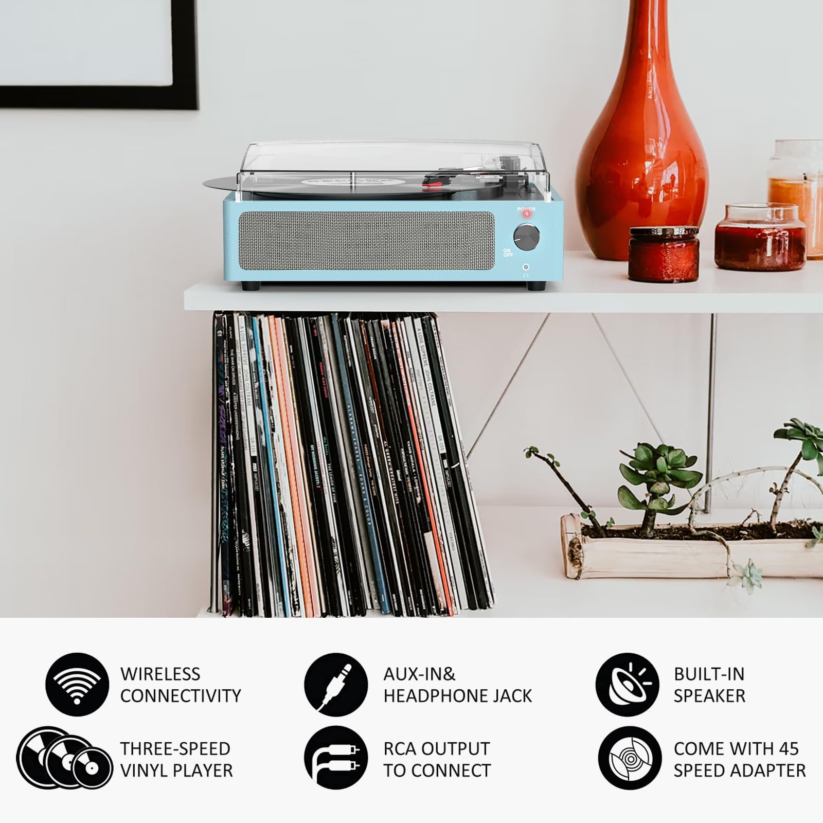 Vinyl Record Player with Built-in Speakers | Wireless Turntable for Vinyl Records | 3-Speed Adjustable LP Player with Auto Stop | AUX-in & RCA Line Output | Sleek Design for Home, Office & Party Use