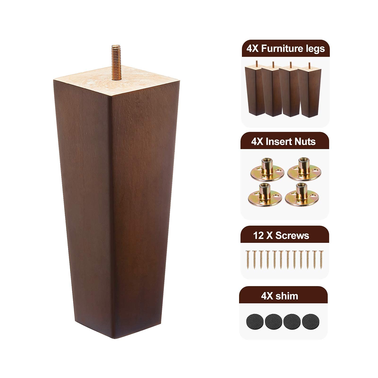 6 Inch Wooden Sofa Legs - Pack of 4 Square Brown Mid-Century Furniture Legs | Replacement Couch Legs for Dresser, Sideboard, Recliner, Coffee Table & Chair | Perfect for Home Office, Living Room & Bedroom Furniture Upgrade