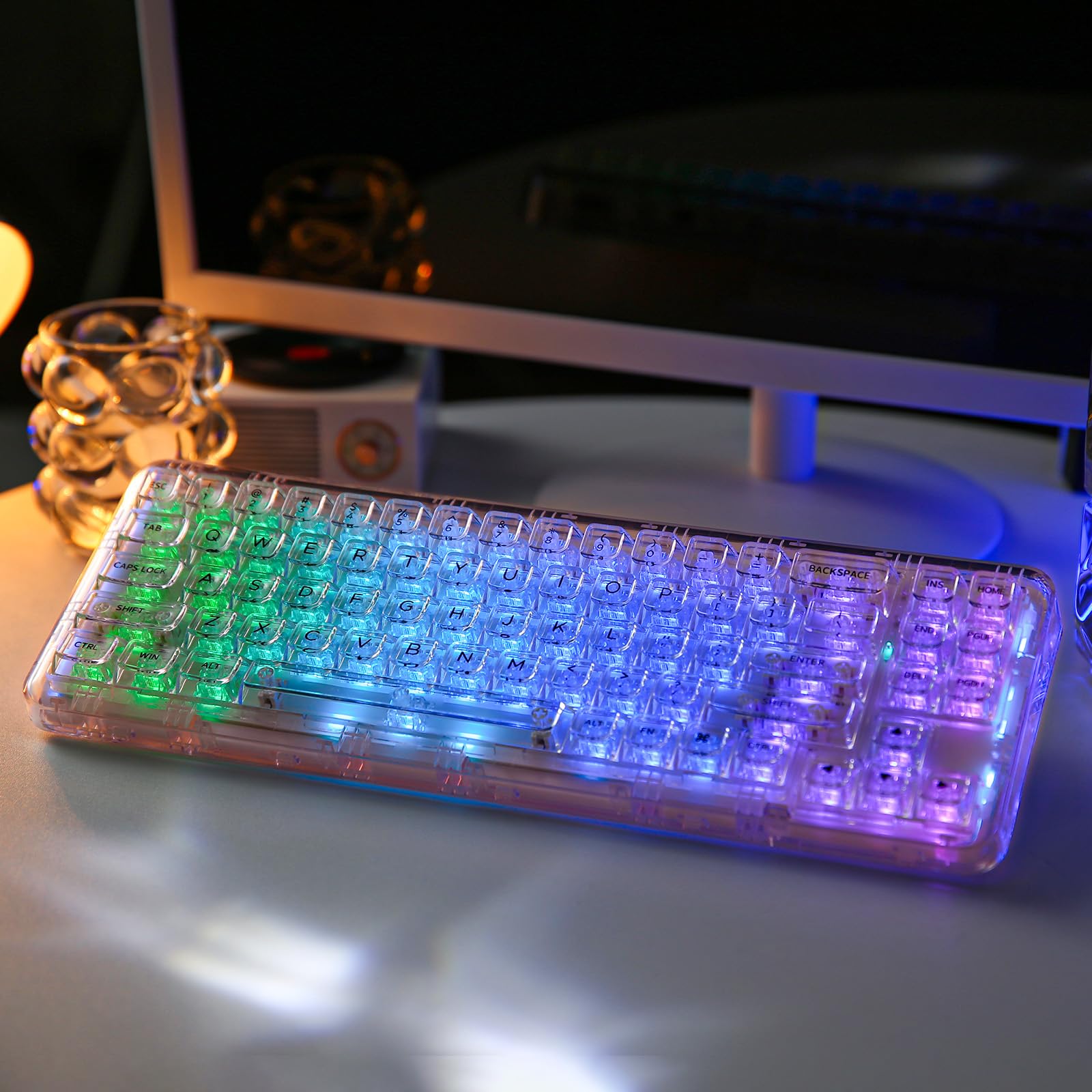 YUNZII X71 68% Wireless Mechanical Keyboard - Hot Swappable, Transparent Design with Clear Keycaps, BT5.0/2.4G/USB-C Connectivity, RGB Backlit, Gasket Mount for Windows/Mac (Crystal Ice Switch, Pink) - Perfect for Gaming, Office Work & Typing Enthusiasts