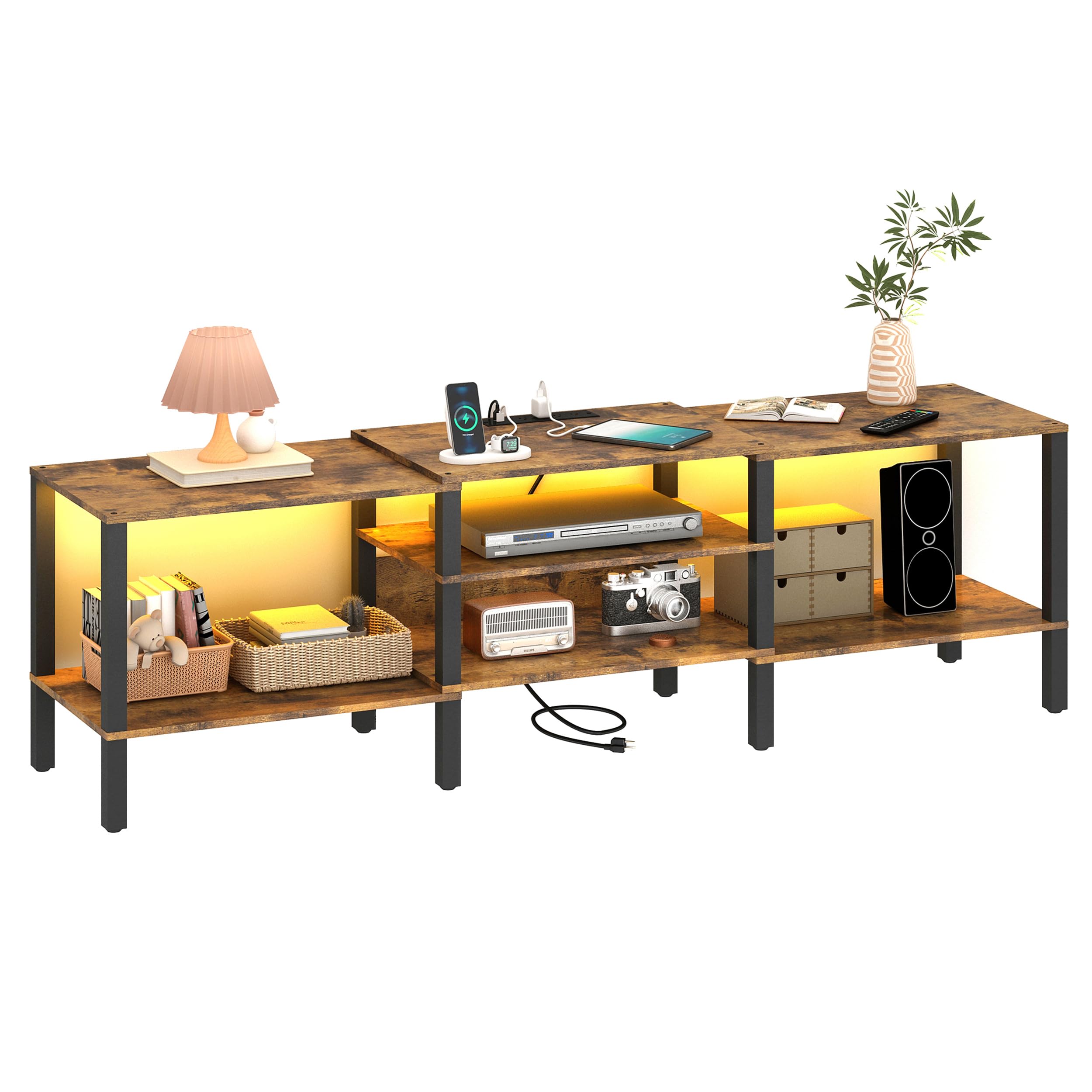 Industrial Rustic Brown Wood TV Stand with Power Outlet - 45/55/65/75 Inch LED TV Media Console & Entertainment Center for Living Room - Perfect for Home Theater Setup & Modern Living Spaces
