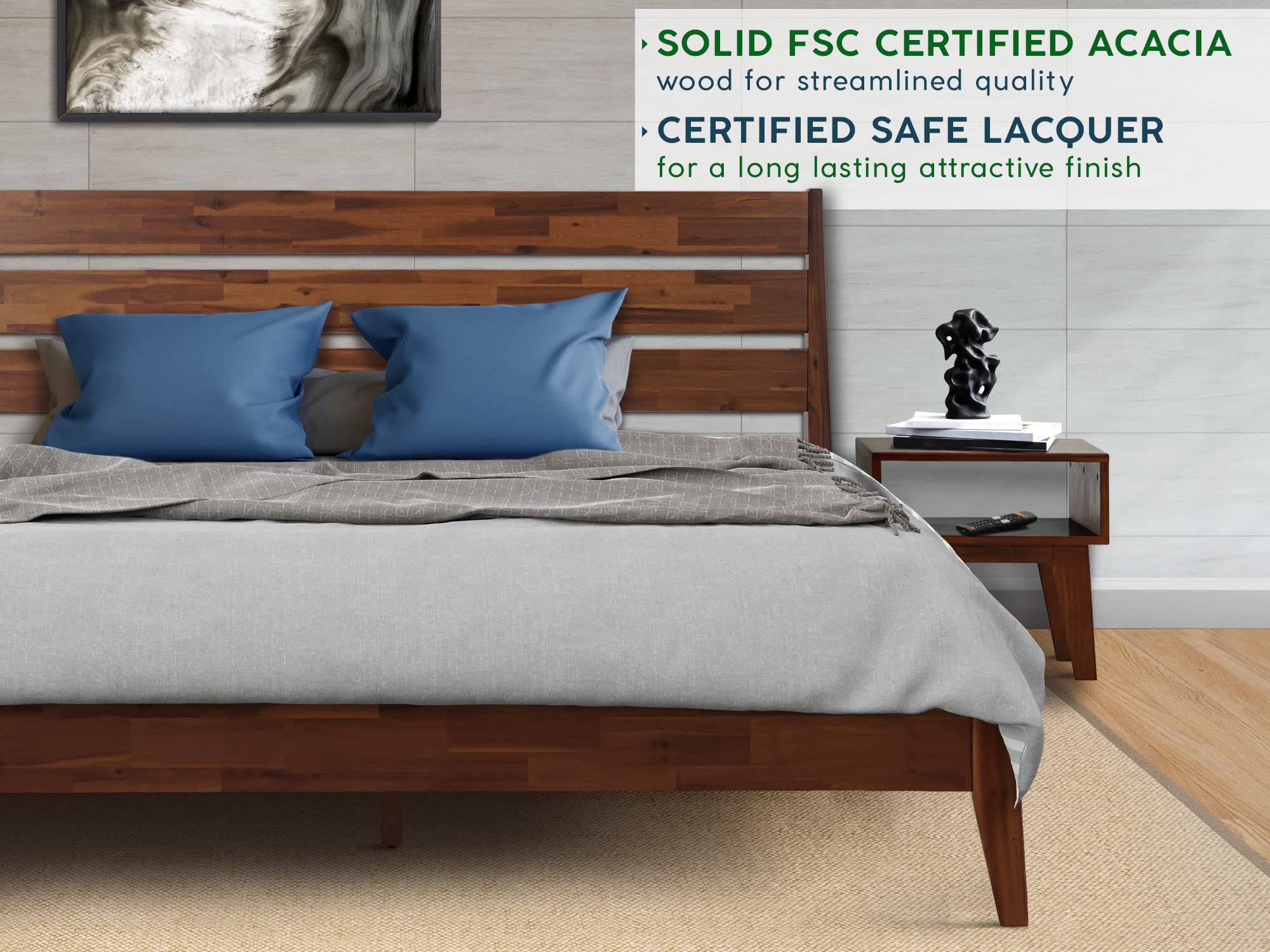 Solid Wood Acacia King Size Bed Frame with High Headboard & Nightstand - 2-Piece Bedroom Set, No Squeak Construction, Easy Assembly in One Box (Walnut Finish) - Perfect for Master Bedrooms, Guest Rooms & Small Spaces