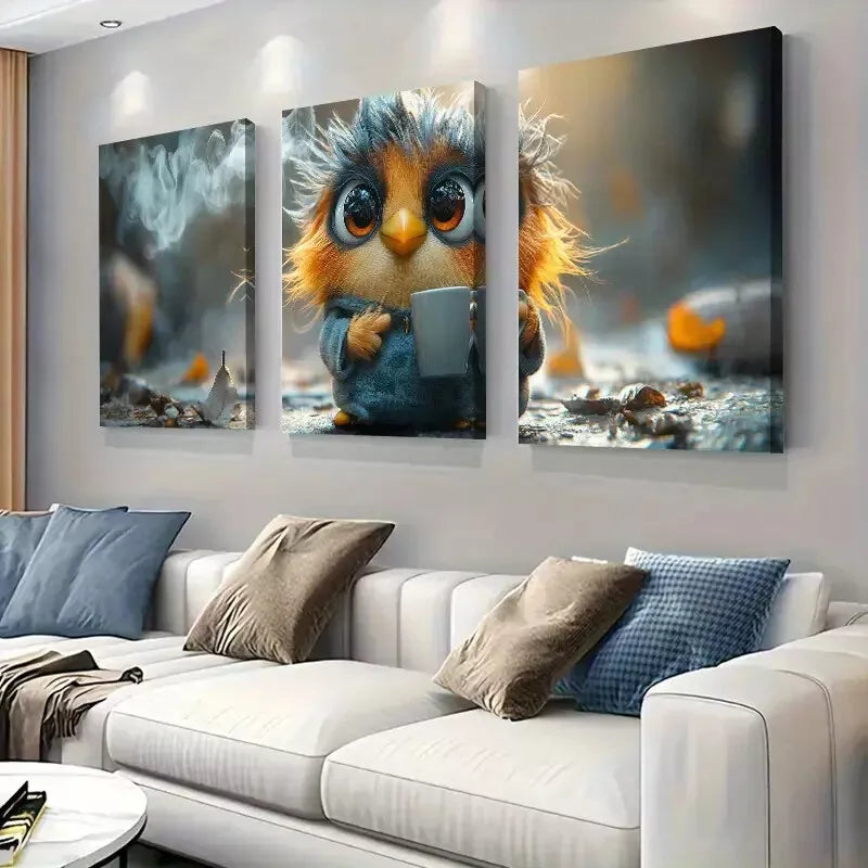 3pcs Cute Playful Little Bird Holding Cup Wall Art Set - Framed Canvas 50x70cm - High Quality Print - 100% Australian Made - Ready to Hang - Perfect for Living Room, Bedroom & Nursery Decor