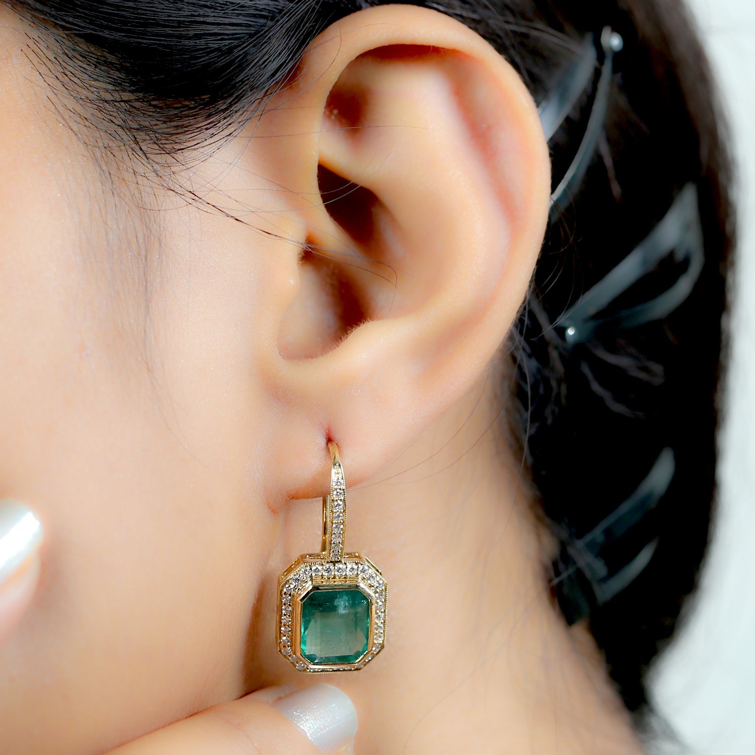 18K Yellow Gold Natural Emerald Pave Diamond Designer Ear Hook Earrings - Elegant Jewelry for Women, Perfect Birthday Gift for Her, Anniversary, Wedding, Party & Special Occasions