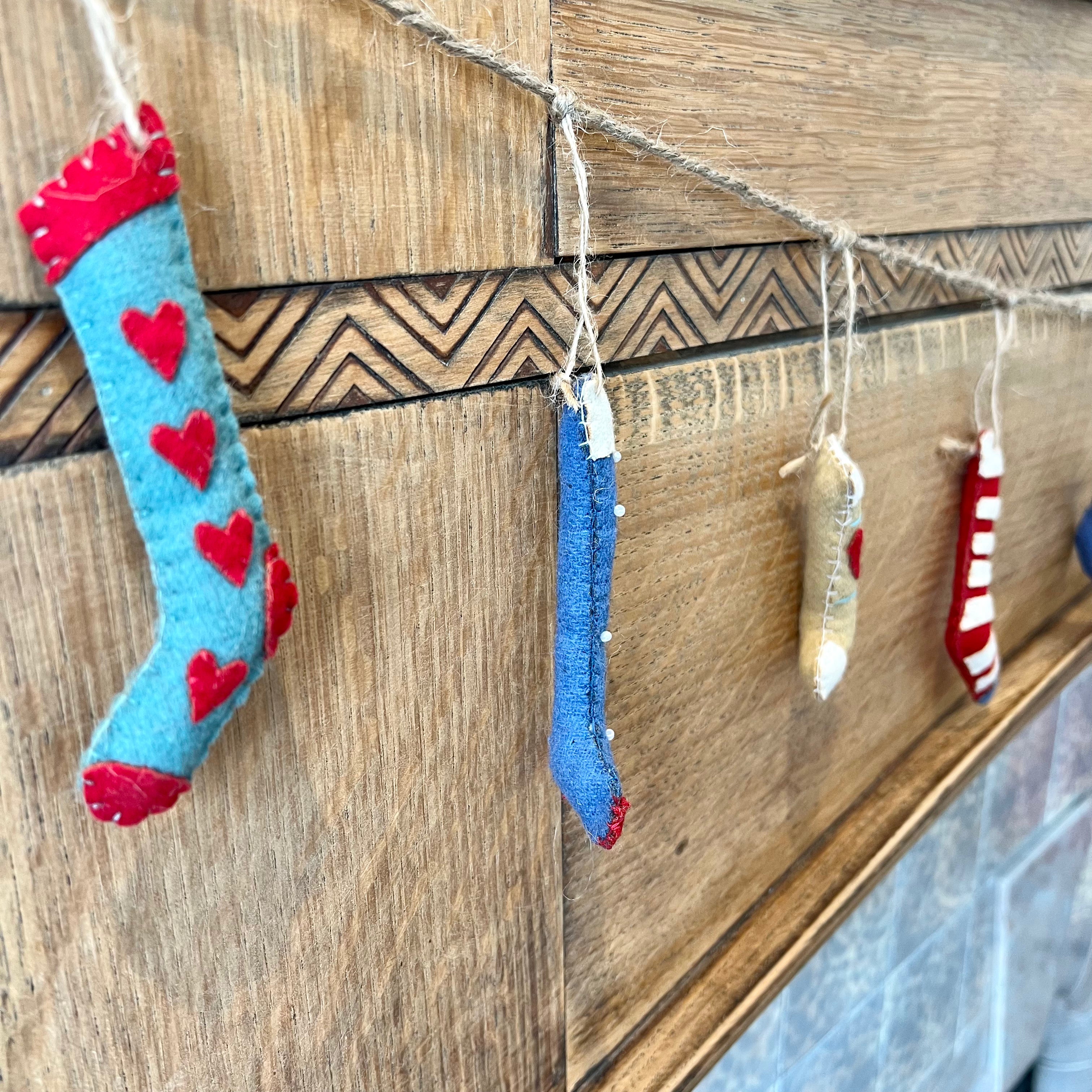 Hand Stitched Felt Stocking Garland - Christmas Tree Decorations, Holiday Fireplace Mantel Decor, Xmas Party Hanging Ornaments (Limited Stock)
