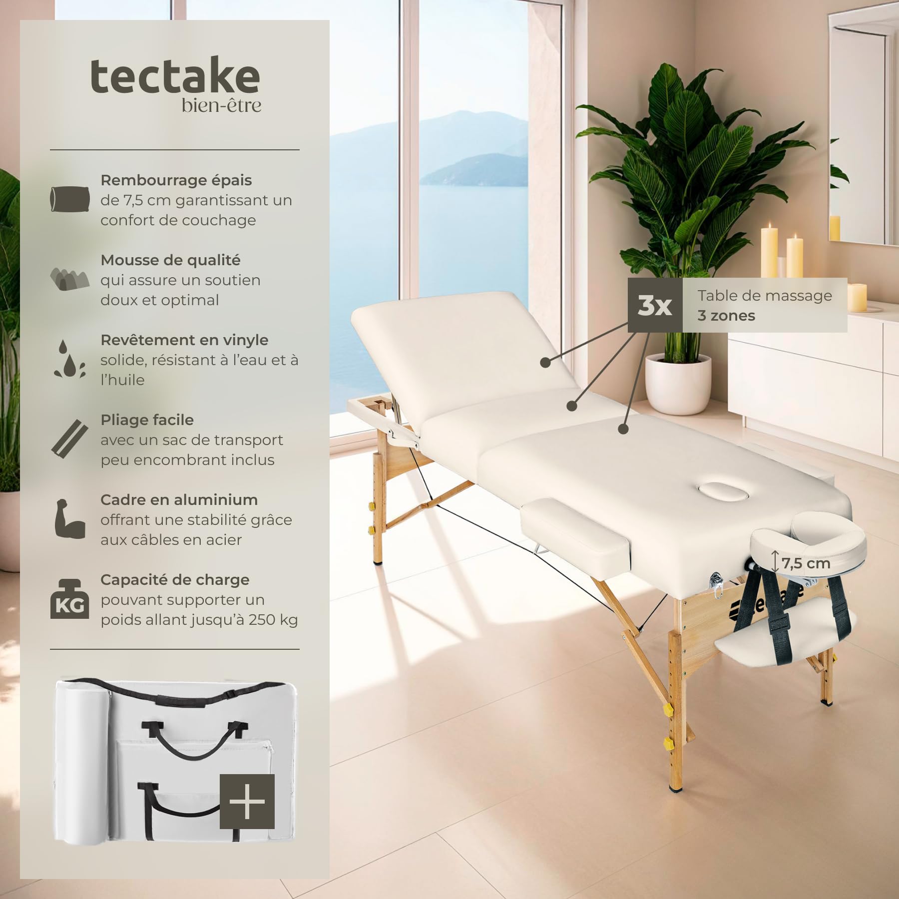 TecTake Foldable Massage Table with 7.5cm Padding, Professional Beauty Table with Ergonomic Armrest & Headrest, Includes Carrying Case - Beige | Perfect for Home Spa, Professional Massage Therapy & Salon Treatments