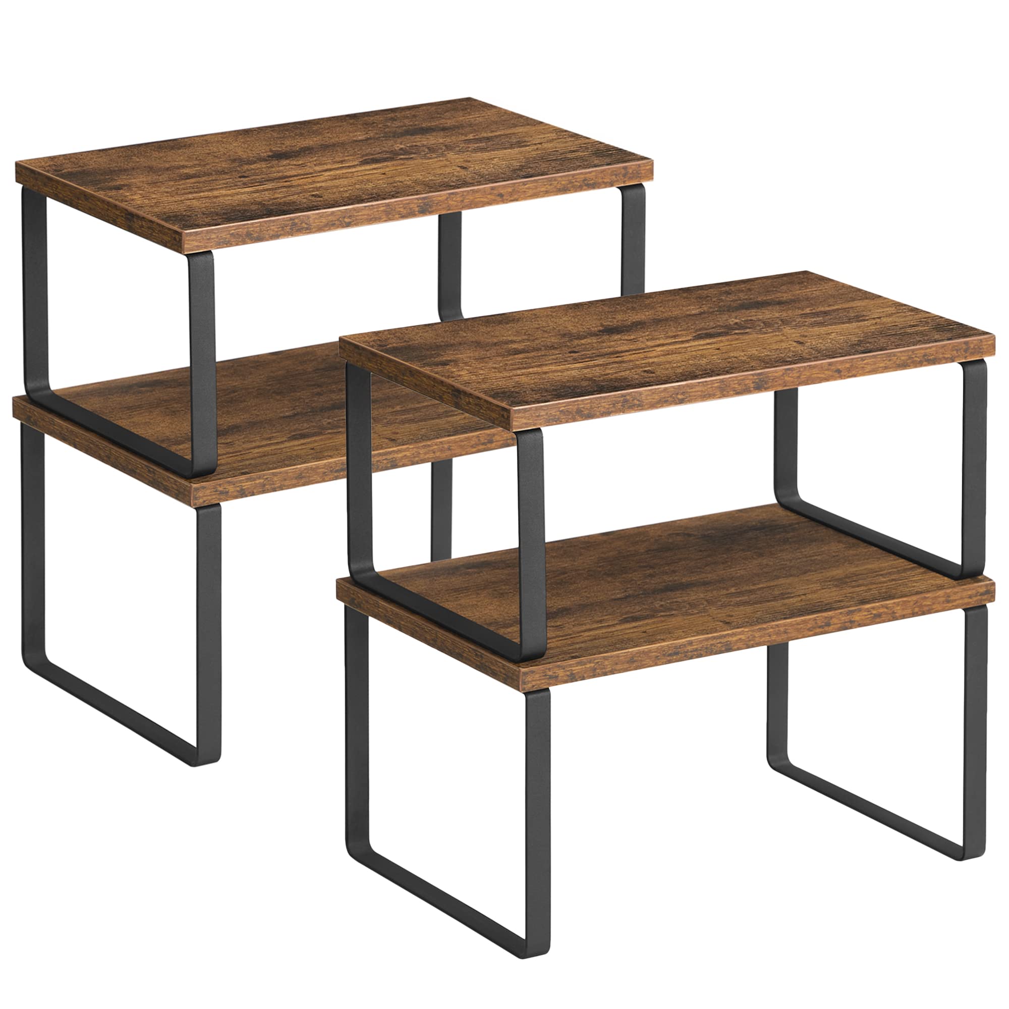 SONGMICS 4-Pack Stackable Expandable Cabinet Organizer Shelf - Metal & Engineered Wood Kitchen Storage for Spices, Utensils | Space-Saving Counter Shelf in Ink Black & Rustic Brown (UKCS021X01) | Perfect for Pantry, Bathroom & Office Organization