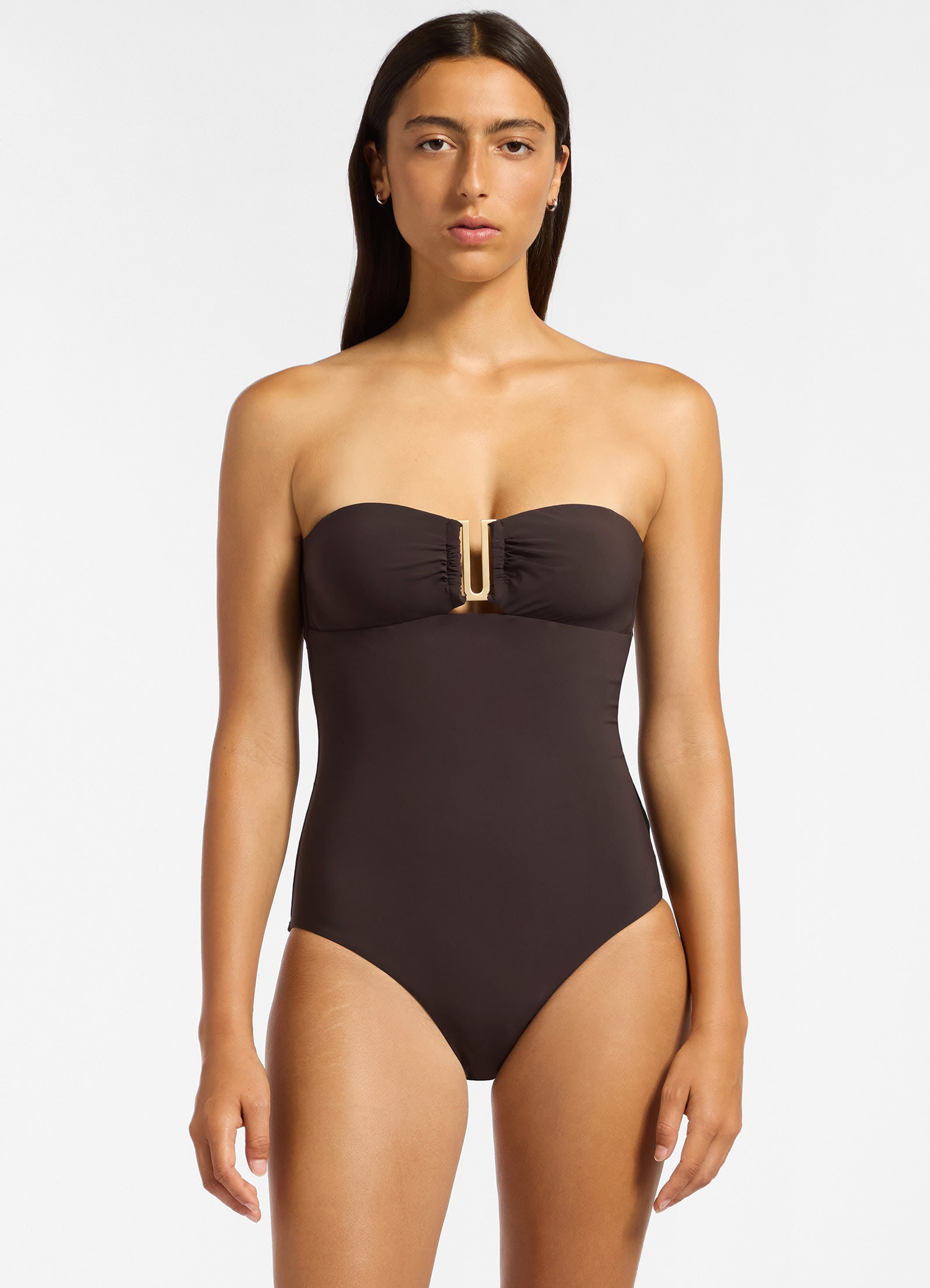 Jetset Bandeau One Piece Swimsuit in Chocolate Brown - Perfect for Beach Vacations & Pool Parties
