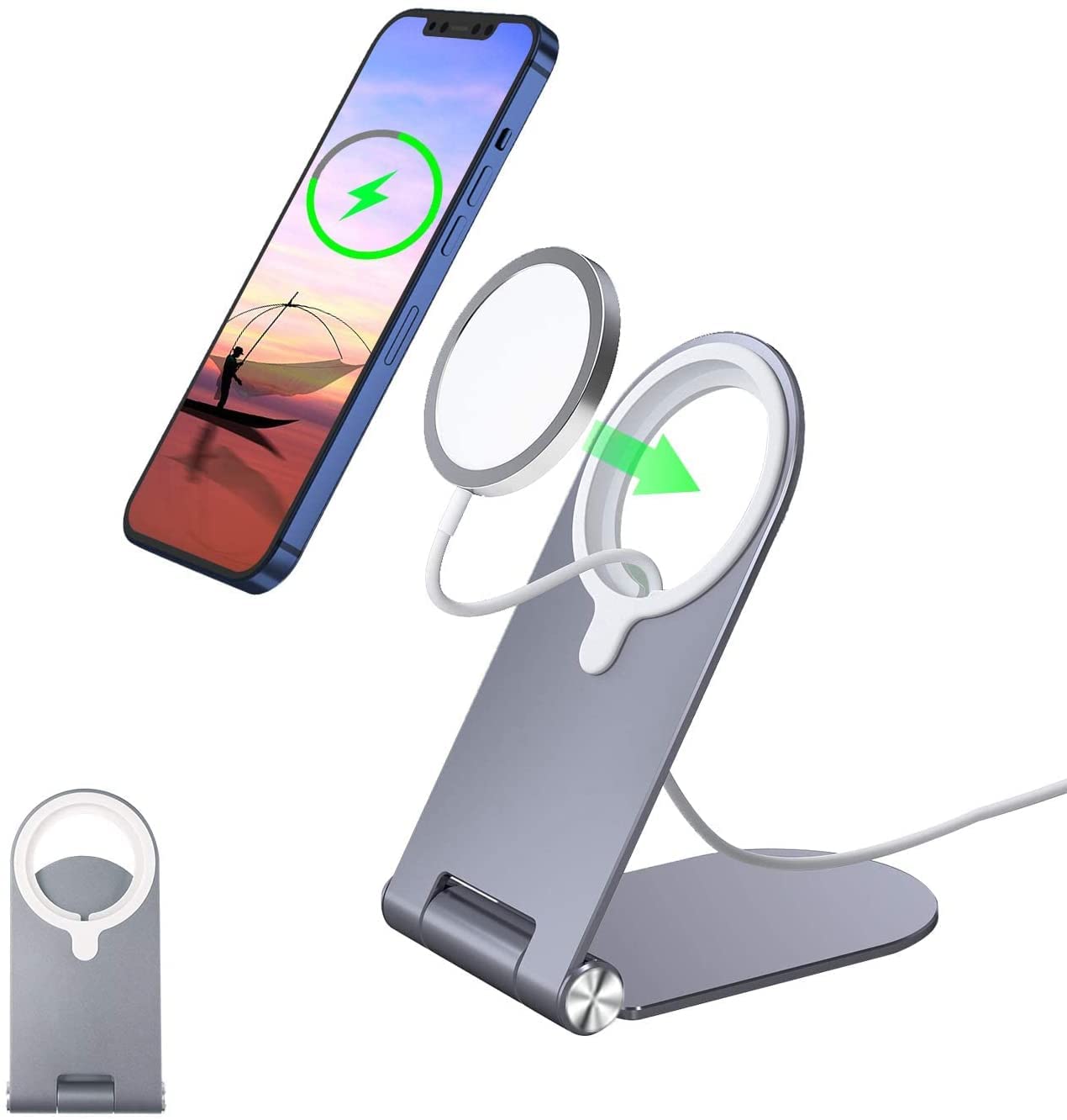 Aporia MagSafe Charger Stand Compatible with iPhone 12/13/14 Mini Pro Max Plus - Portable Foldable Adjustable Magnetic Wireless Charging Base Pad (Grey) | Perfect for Home, Office & Travel Use