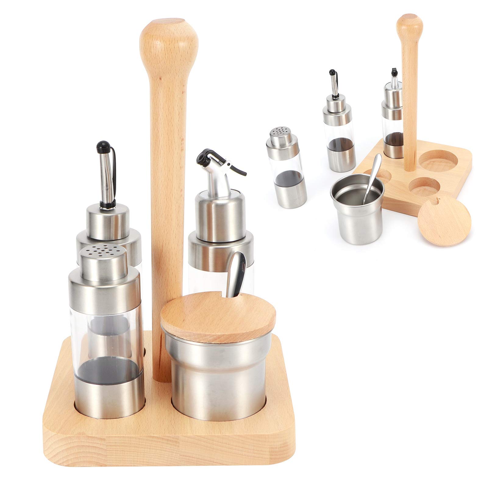 Stainless Steel Transparent Beech Wood Bottle Holder - Rustproof Kitchen Spice Rack Organizer for Home & Restaurant Use | Perfect for Countertop Storage & Seasoning Bottle Display (Square Wooden Frame)