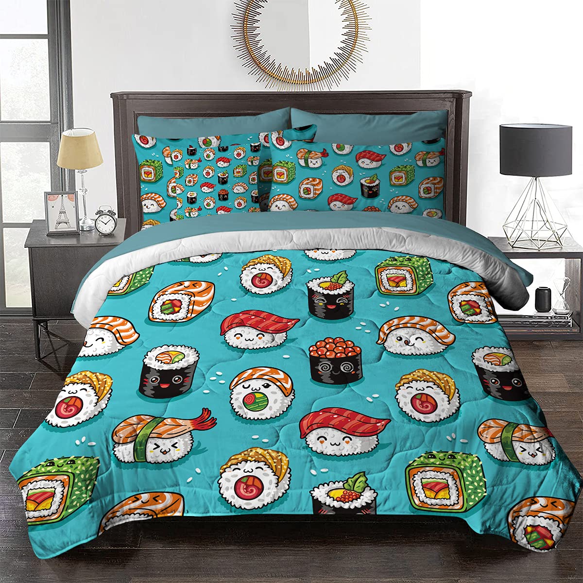 BlessLiving Sushi Queen 8-Piece Comforter Set - Kawaii Sushi Smiling Pattern Bedding Set with Comforter & Sheets, All-Season Down Alternative Duvet Cover for Girls & Women | Perfect for Teen Bedrooms, Dorm Rooms & Anime Lover Gifts
