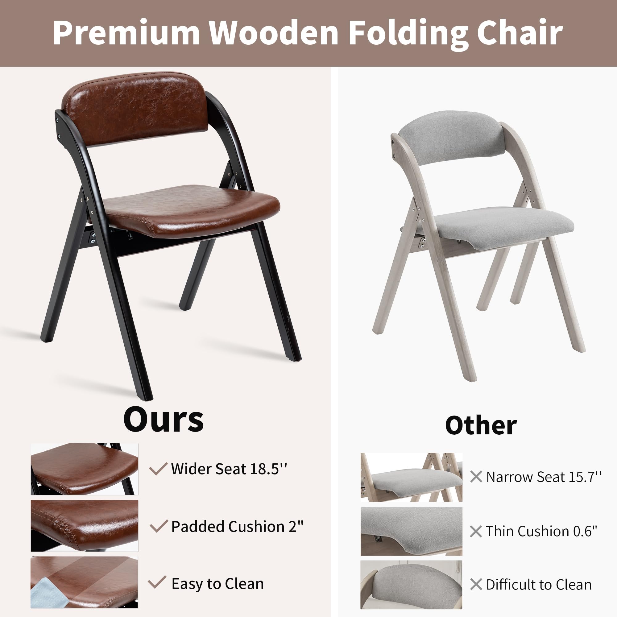 HOMEFUN PU Folding Chairs with Padded Seats - Set of 2 Wooden Stackable Dining Chairs - Easy to Assemble for Kitchen, Office, Wedding & Guest Use - Comfortable Seating for Parties, Events & Home Decor