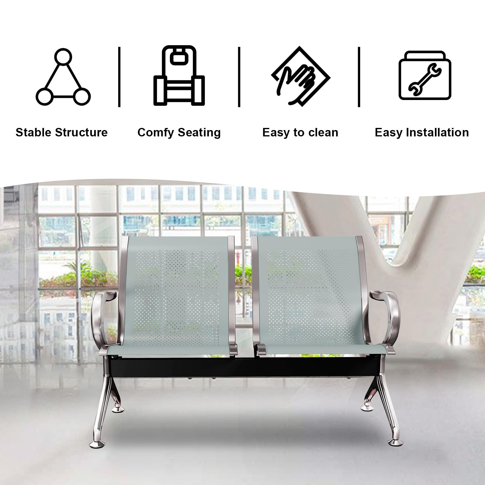 kinbor 2-Seat Waiting Room Chairs - Office Guest Reception Bench for Airport, Clinic & Bank | Comfortable Seating Solution for Lobbies & Waiting Areas