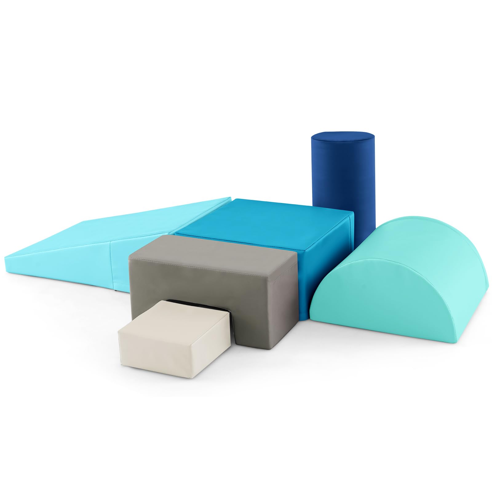 KOTEK 6-Piece Soft Foam Play Set for Toddlers - Climbing Blocks, Crawling Tunnels & Slide - Safe Indoor Playground Equipment for Babies & Kids (Blue & Grey) - Perfect for Playrooms, Daycares & Home Fun