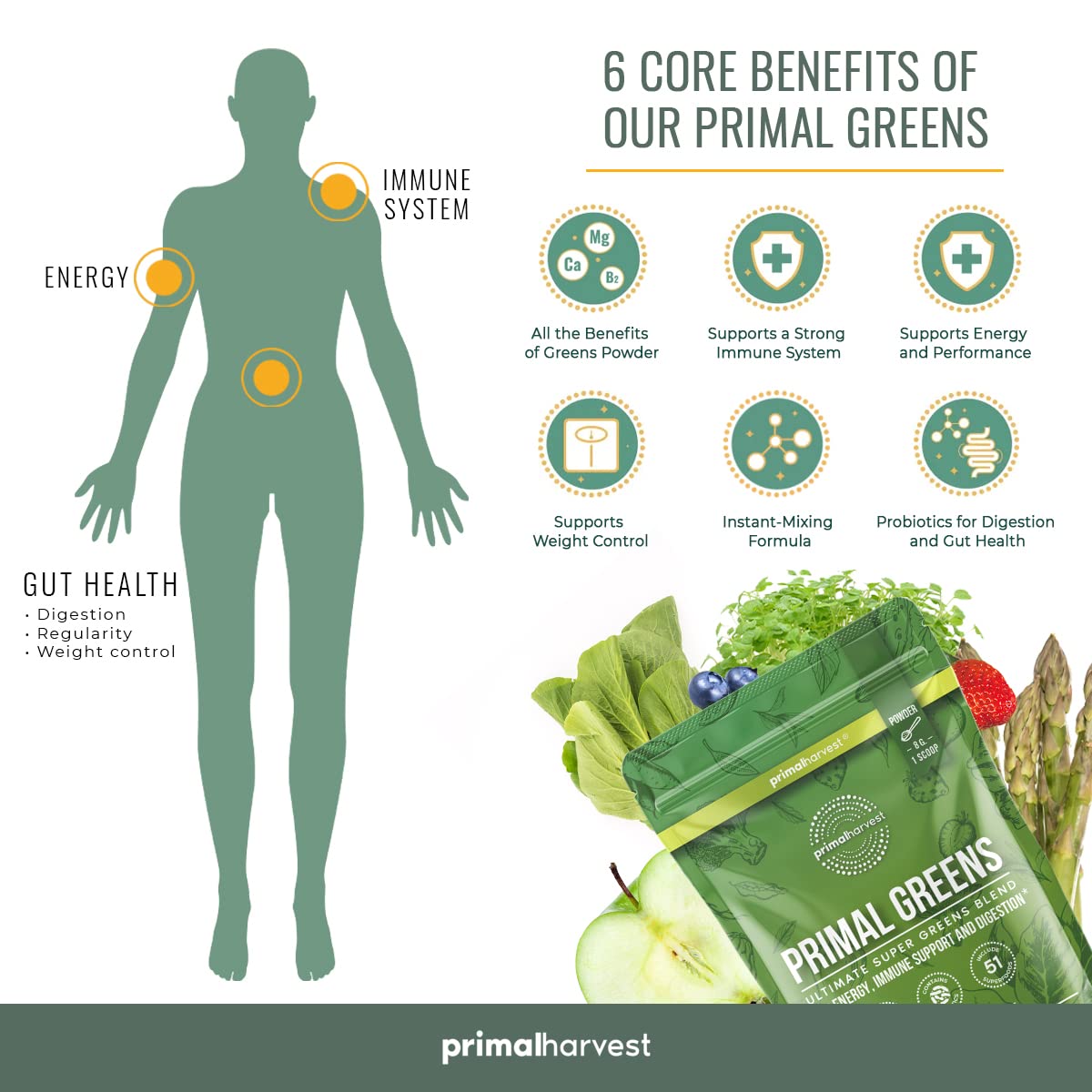 Primal Harvest Super Greens & Collagen Powder Supplement - Organic Superfood Blend with Collagen Peptides for Hair, Skin & Nail Health - Women & Men's Wellness Boost - Perfect for Smoothies, Shakes & Daily Nutrition Support