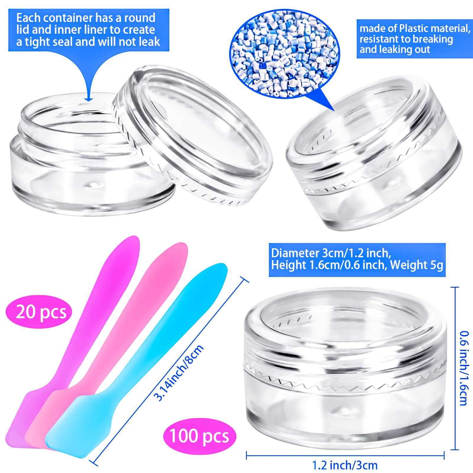 MotBach 100 Pcs 5g Empty Plastic Containers with Clear Lids - Mini Makeup Sample Jars, Small Round Cosmetic Containers with Mini Spatulas for Liquid, Powder, Cream & Lotion Samples - Perfect for Travel, DIY Beauty & Sample Storage