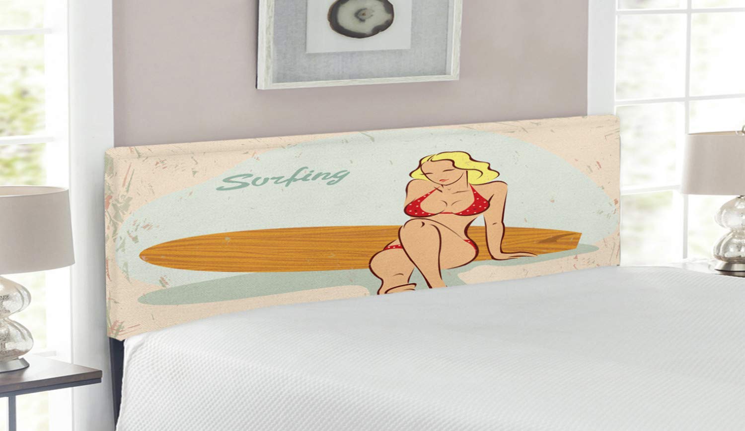 Ambesonne Pin Up Girl Headboard - Queen Size Upholstered Metal Bed Frame with Memory Foam, Retro Blonde in Polka Dot Red Bikini on Wooden Surfboard Design - Perfect for Beach Themed Bedrooms & Vintage Home Decor