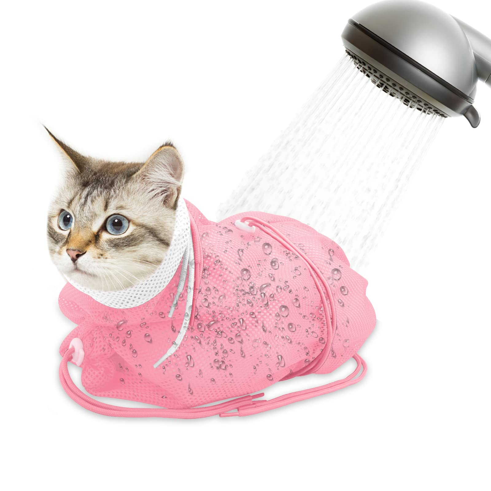 **Breathable Mesh Cat Bathing Bag - Adjustable Anti-Scratch Cat Shower Grooming Bag for Nail Trimming & Washing - Soft Polyester Pet Grooming Accessories (White-Pink) - Perfect for Stress-Free Cat Bathing & Vet Visits**