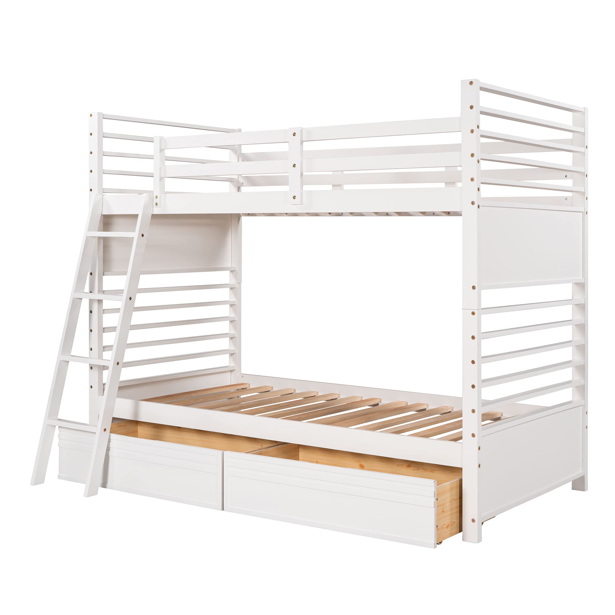 Solid Wood Twin Over Twin Bunk Beds for Kids - Convertible to 2 Separate Beds with Storage Drawers, Guardrails & Angle Ladder | Space-Saving Kids Bedroom Furniture for Boys, Girls & Teens | No Box Spring Needed (White) - Perfect for Shared Rooms, Sleepovers & Small Spaces