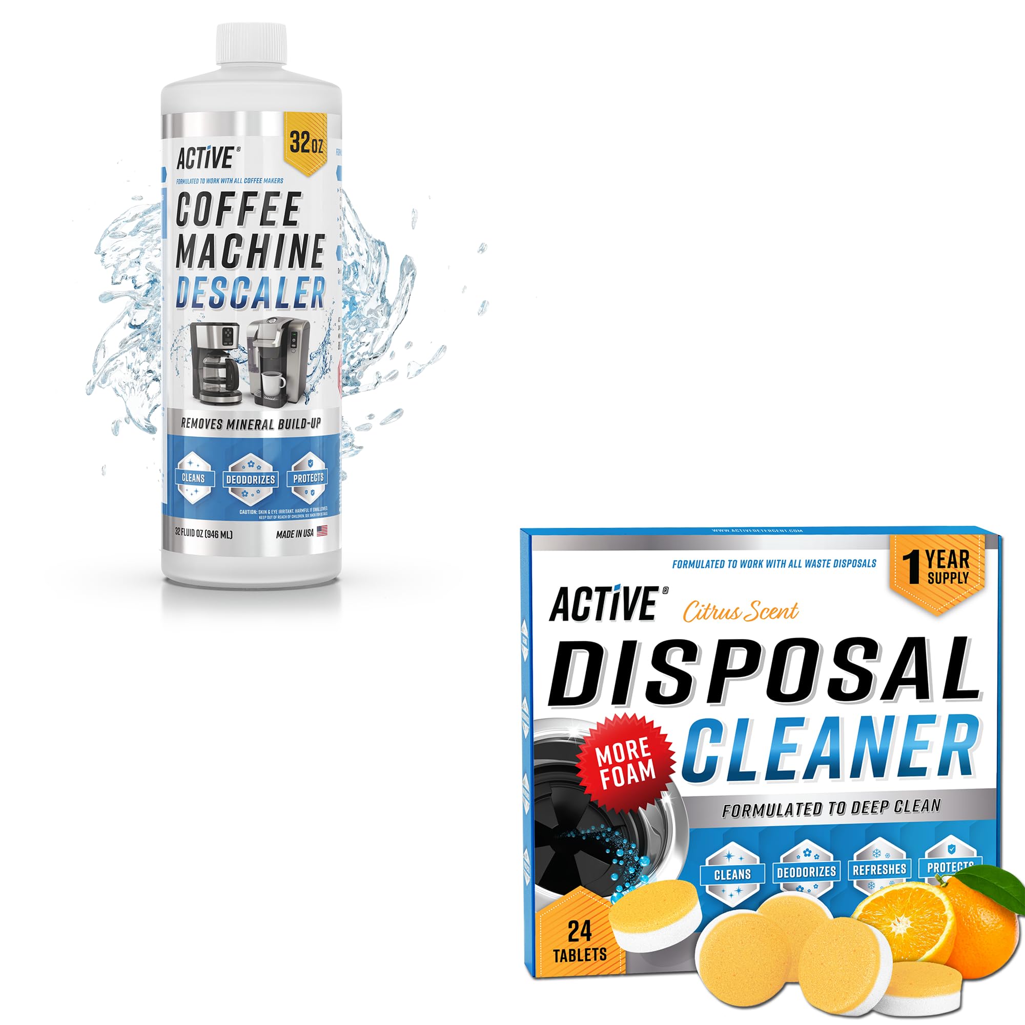 ACTIVE Coffee Machine Descaler & Garbage Disposal Cleaner Tablets Kit - 32oz Coffee Maker Descaler & 24 Count Disposal Tablets for Fresh, Odor-Free Kitchens - Perfect for Keurig, Nespresso & Dishwasher Maintenance