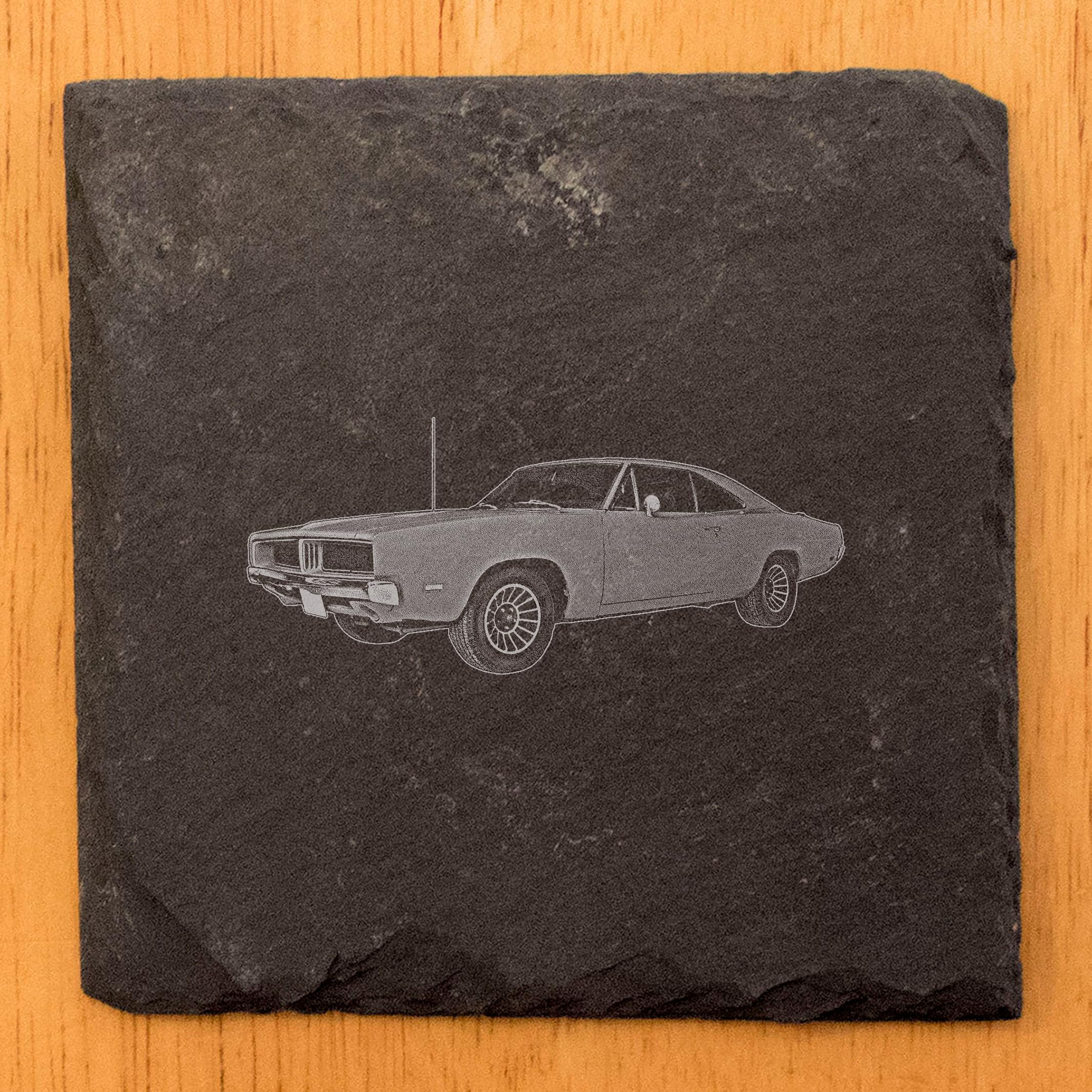 Vintage 1969 Dodge Charger Coasters Set of 4 - Square Slate Drink Coasters for Cars & Beer - Perfect for Man Cave, Home Bar, and Auto Enthusiast Gifts
