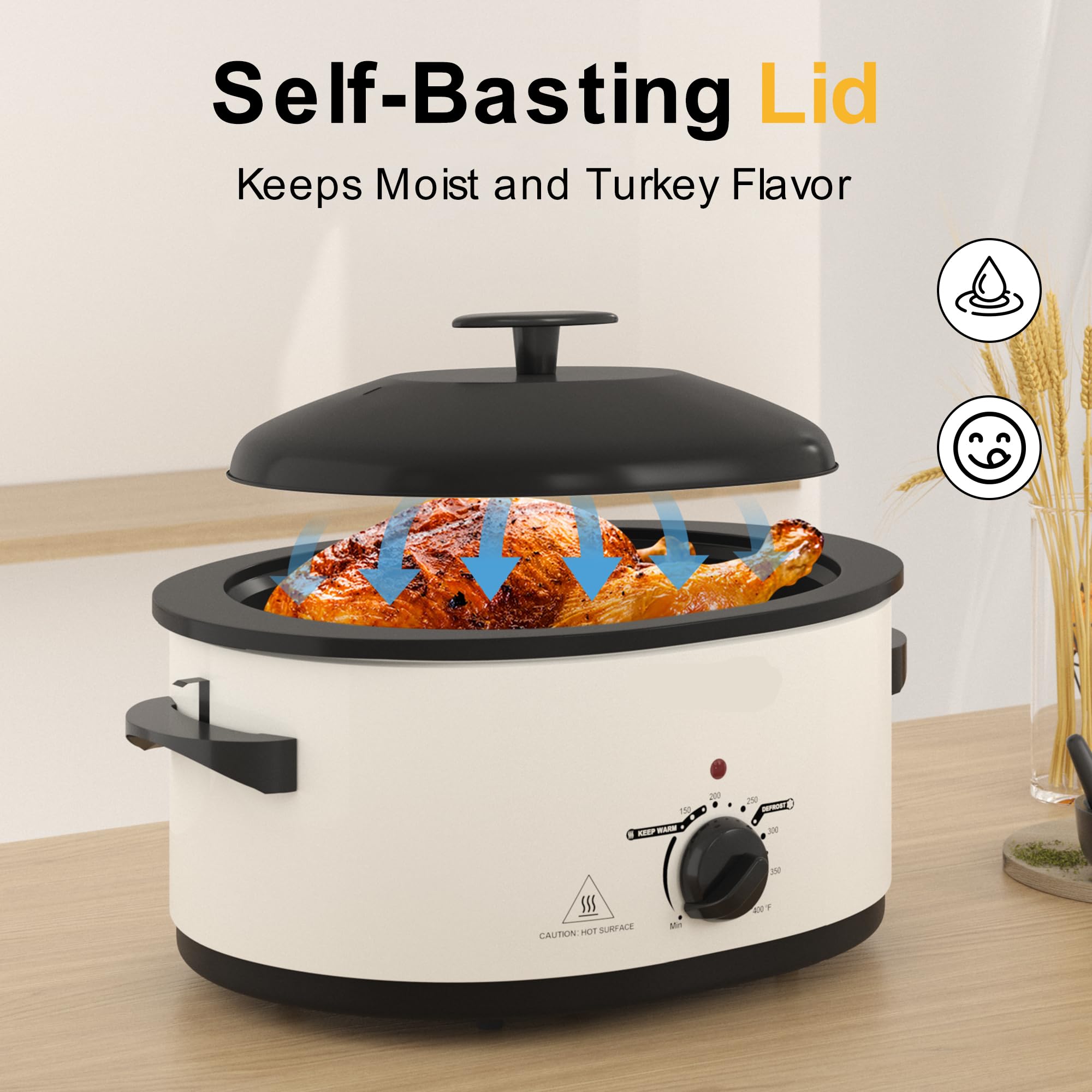 8 Quart Electric Roaster Oven with Self-Basting Lid, Removable Pan & Rack, Stainless Steel White - Perfect for Turkey, Roasts, and Holiday Feasts