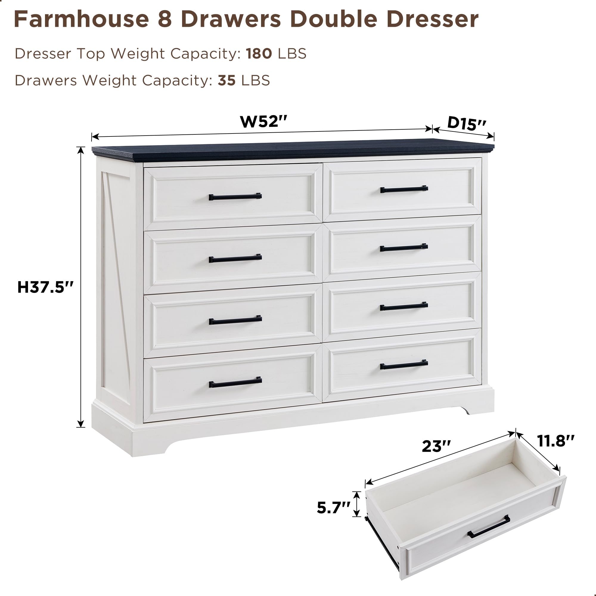 Farmhouse 8-Drawer Dresser for Bedroom - 52
