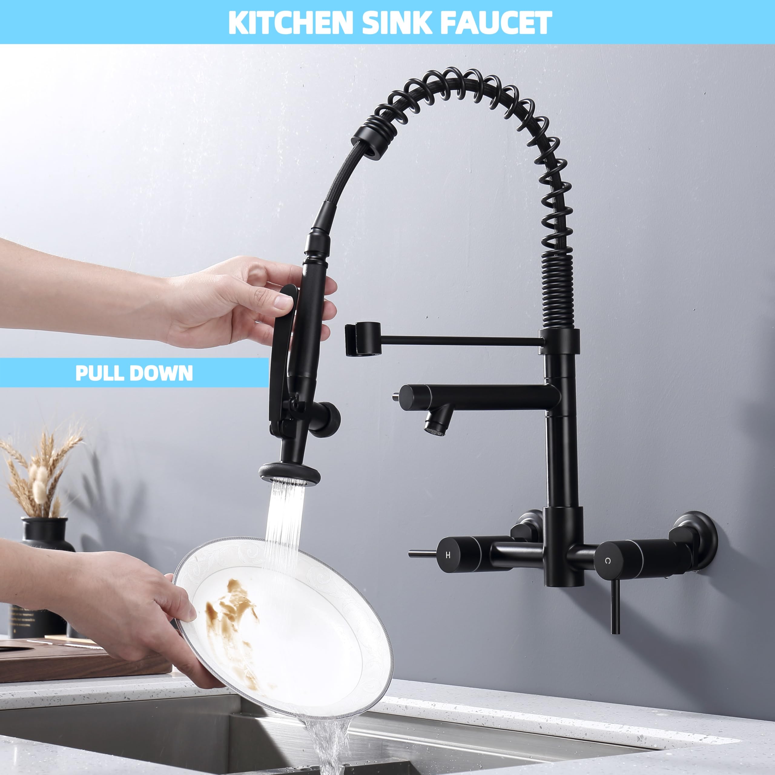 **8 Inch Wall Mount Kitchen Faucet with Pre-Rinse Sprayer & Pot Filler - High Arch Spring 2 Handle Commercial Faucet in Black - Perfect for Restaurants, Food Trucks & Home Kitchens**