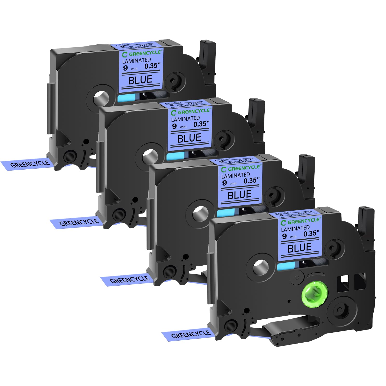 GREENCYCLE 4-Pack Brother TZe-521 TZe521 TZ521 TZ-521 AZE 9mm (0.35 Inch) Black on Blue Laminated Label Tapes - Compatible with PTD210, D400AD, D600, PT-H100, PTH110, PT1290, PT-1230PC Label Makers - Perfect for Office Organization, Shipping Labels & Inventory Management